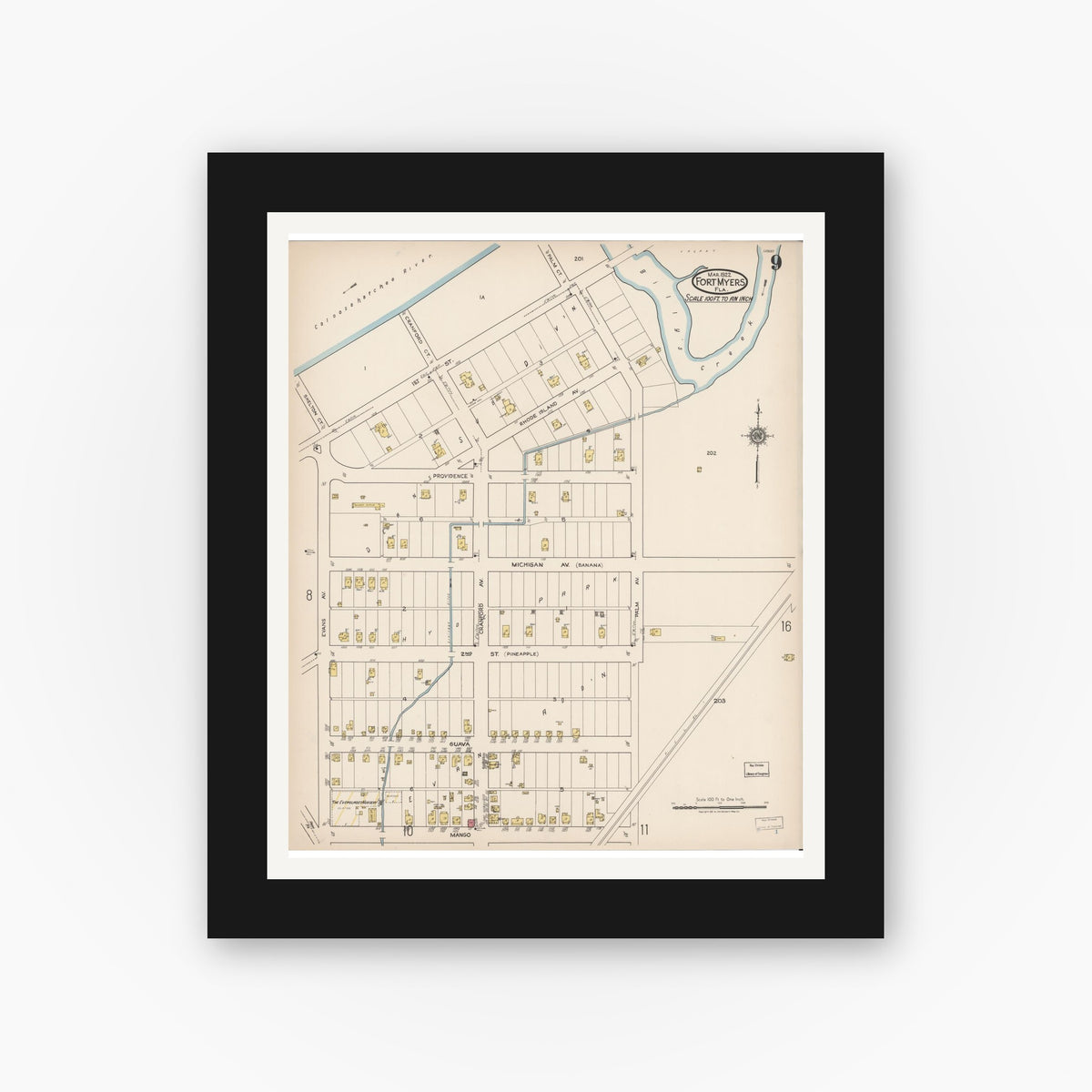 Old map wall art mockup — black gallery frame with white mat — Sanborn Fire Insurance Map from Fort Myers, Lee County, Florida (1922), Sheet #0009