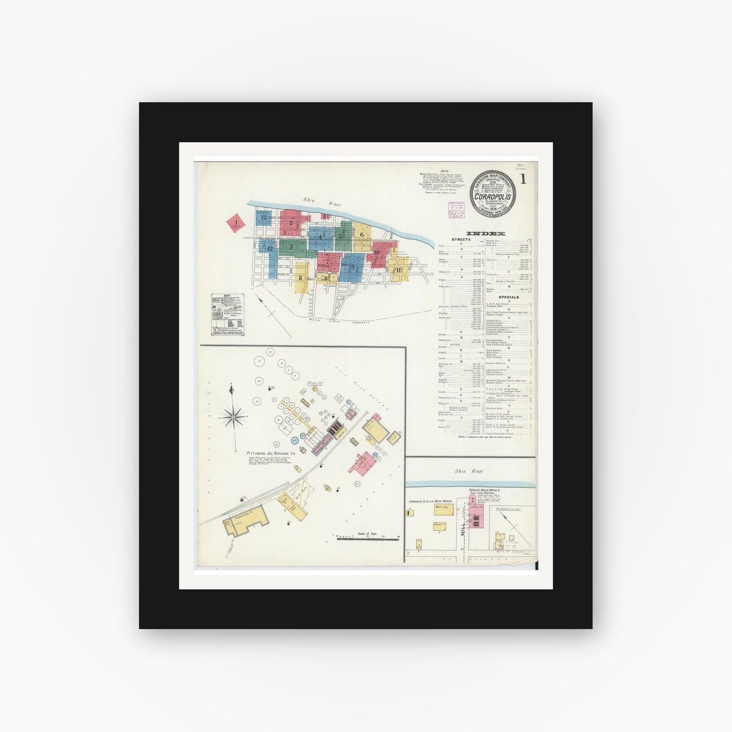 Old map wall art mockup — black gallery frame with white mat — Sanborn Fire Insurance Map from Coraopolis, Allegheny County, Pennsylvania (1906) - Complete Map Set