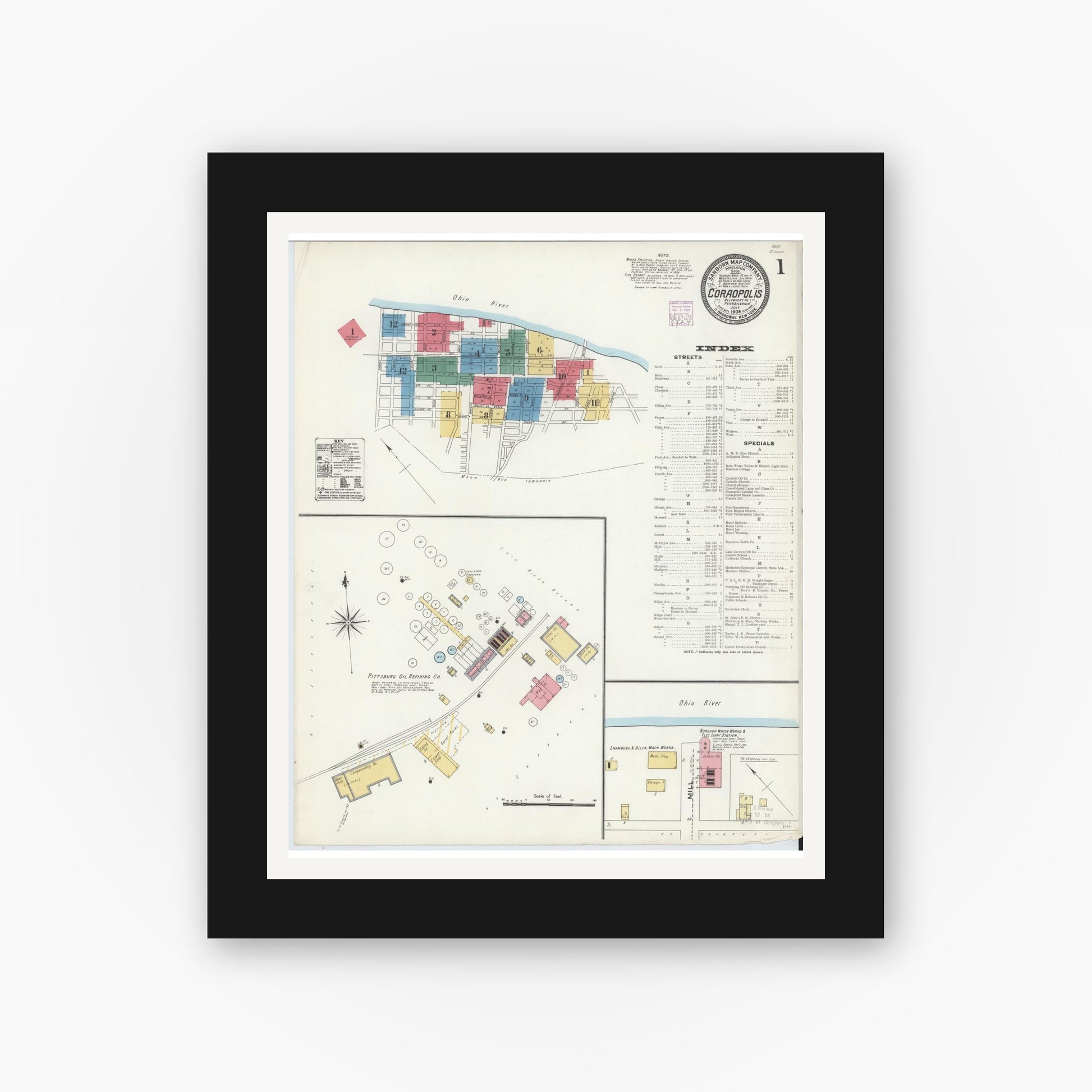 Old map wall art mockup — black gallery frame with white mat — Sanborn Fire Insurance Map from Coraopolis, Allegheny County, Pennsylvania (1906) - Complete Map Set