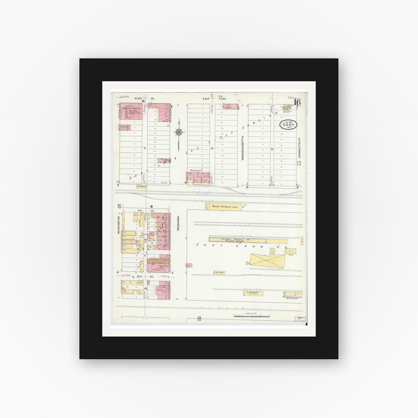 Old map wall art mockup — black gallery frame with white mat — Sanborn Fire Insurance Map from Gary, Lake County, Indiana (1911), Sheet #0016