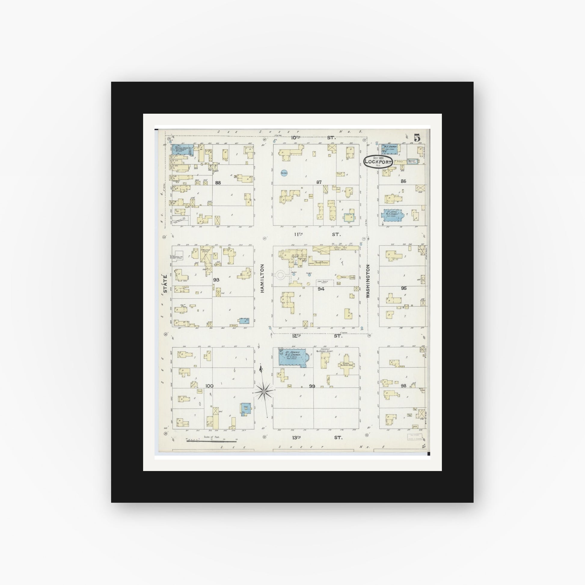 Old map wall art mockup — black gallery frame with white mat — Sanborn Fire Insurance Map from Lockport, Will County, Illinois (1891), Sheet #0005