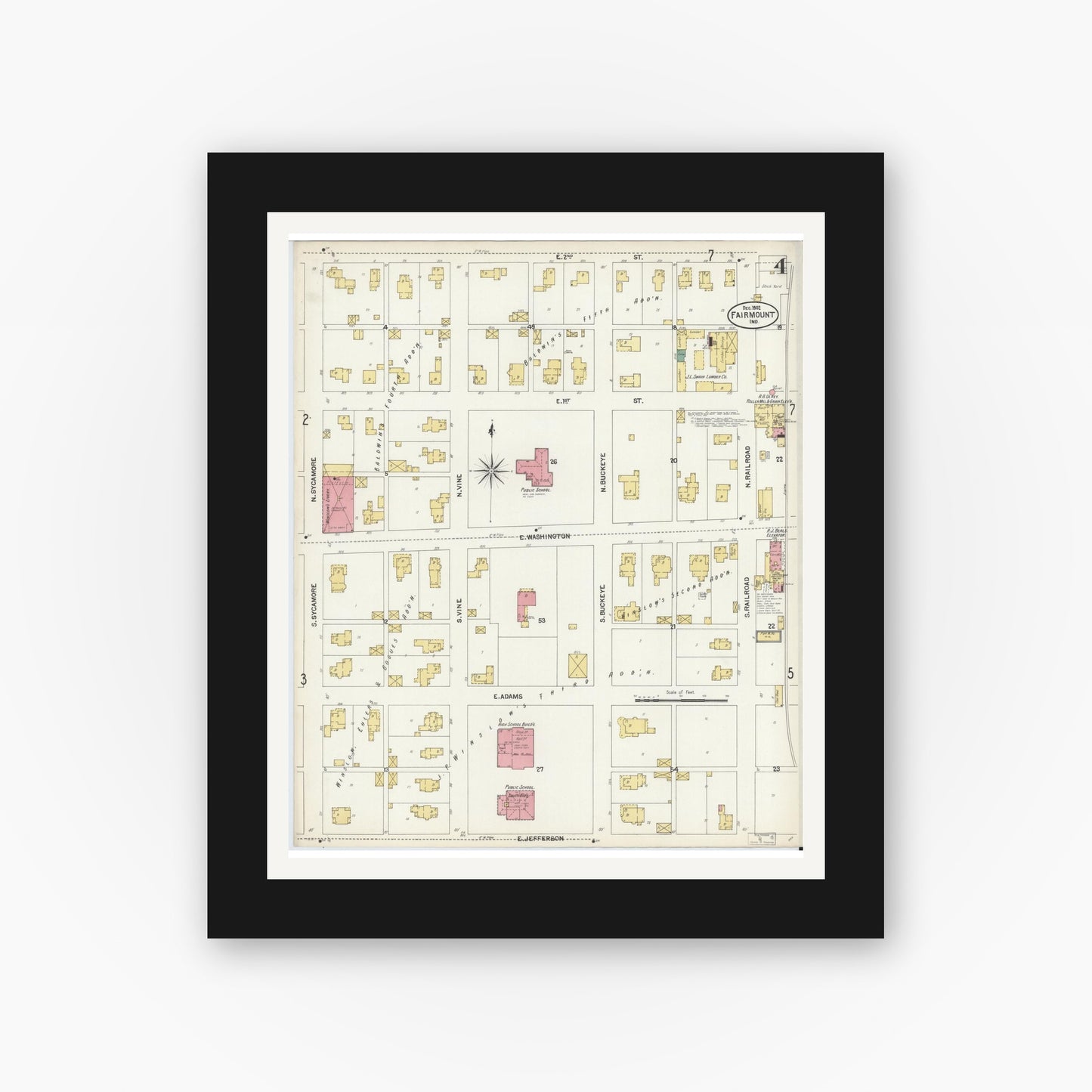 Old map wall art mockup — black gallery frame with white mat — Sanborn Fire Insurance Map from Fairmount, Grant County, Indiana (1902), Sheet #0004