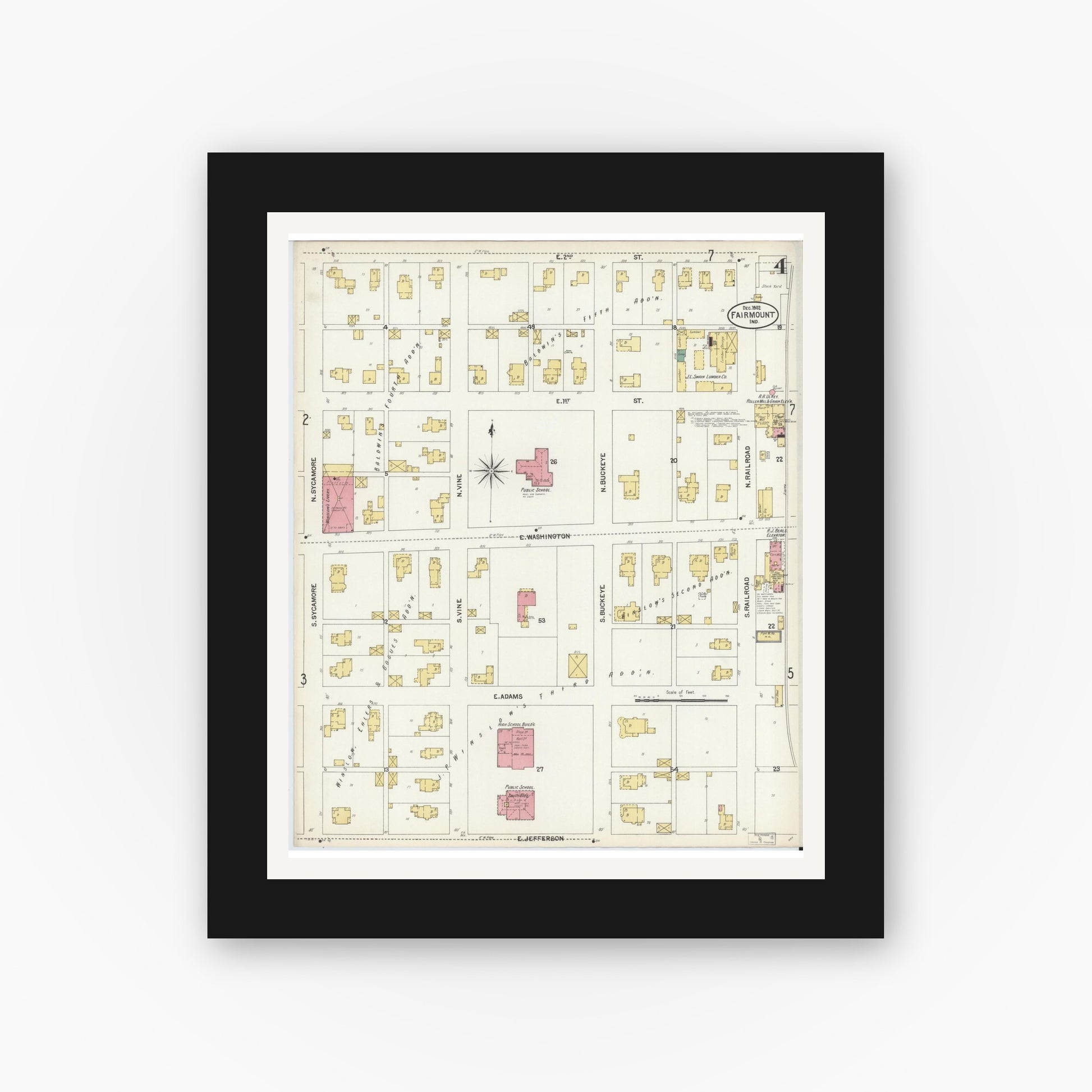 Old map wall art mockup — black gallery frame with white mat — Sanborn Fire Insurance Map from Fairmount, Grant County, Indiana (1902), Sheet #0004