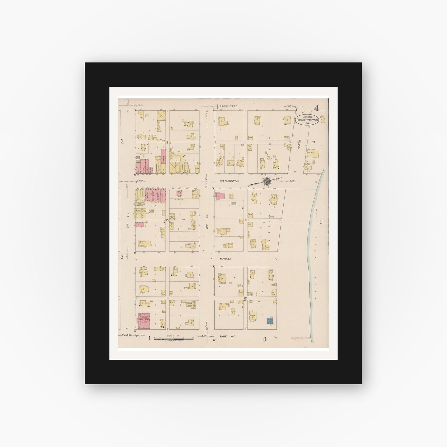 Old map wall art mockup — black gallery frame with white mat — Sanborn Fire Insurance Map from Prophetstown, Whiteside County, Illinois (1922), Sheet #0004