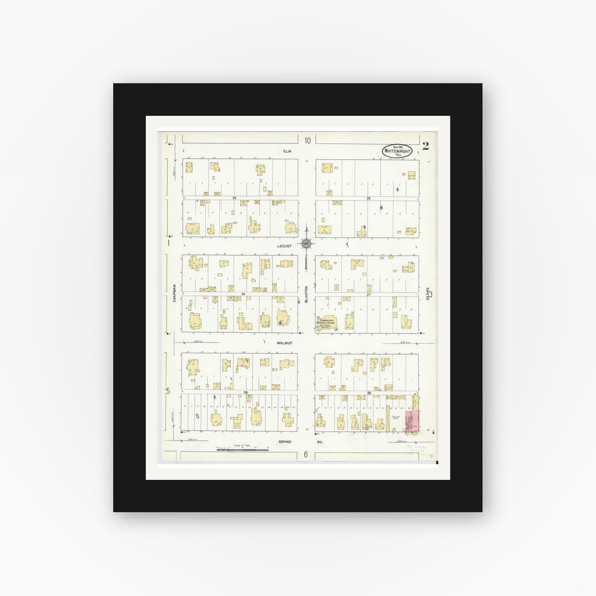 Old map wall art mockup — black gallery frame with white mat — Sanborn Fire Insurance Map from Whitewright, Grayson County, Texas (1912), Sheet #0002
