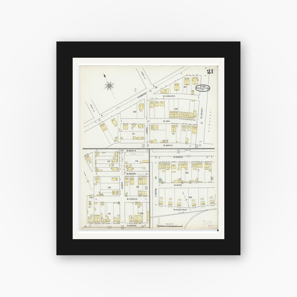 Old map wall art mockup — black gallery frame with white mat — Sanborn Fire Insurance Map from Hazleton, Luzerne County, Pennsylvania (1895), Sheet #0021