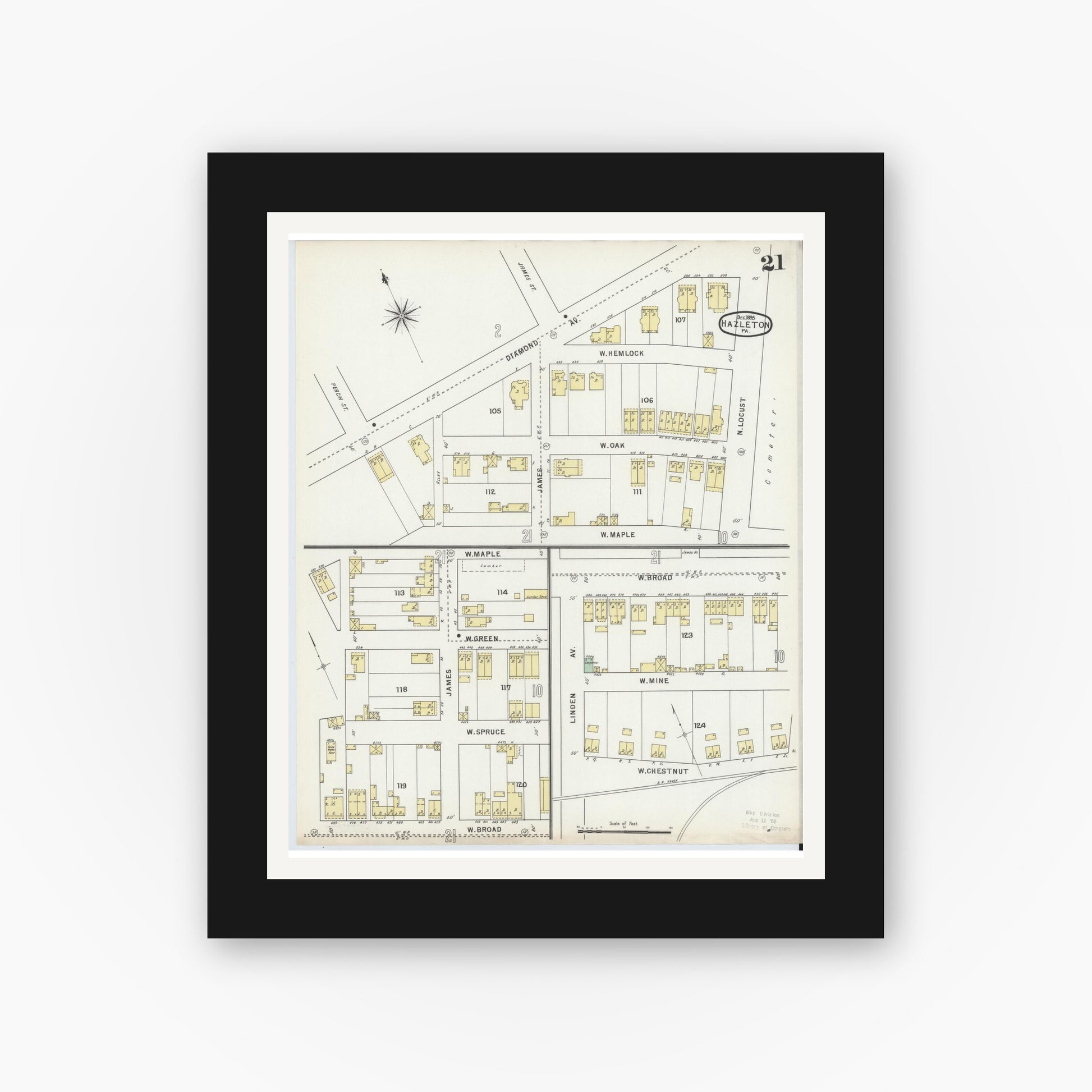 Old map wall art mockup — black gallery frame with white mat — Sanborn Fire Insurance Map from Hazleton, Luzerne County, Pennsylvania (1895), Sheet #0021