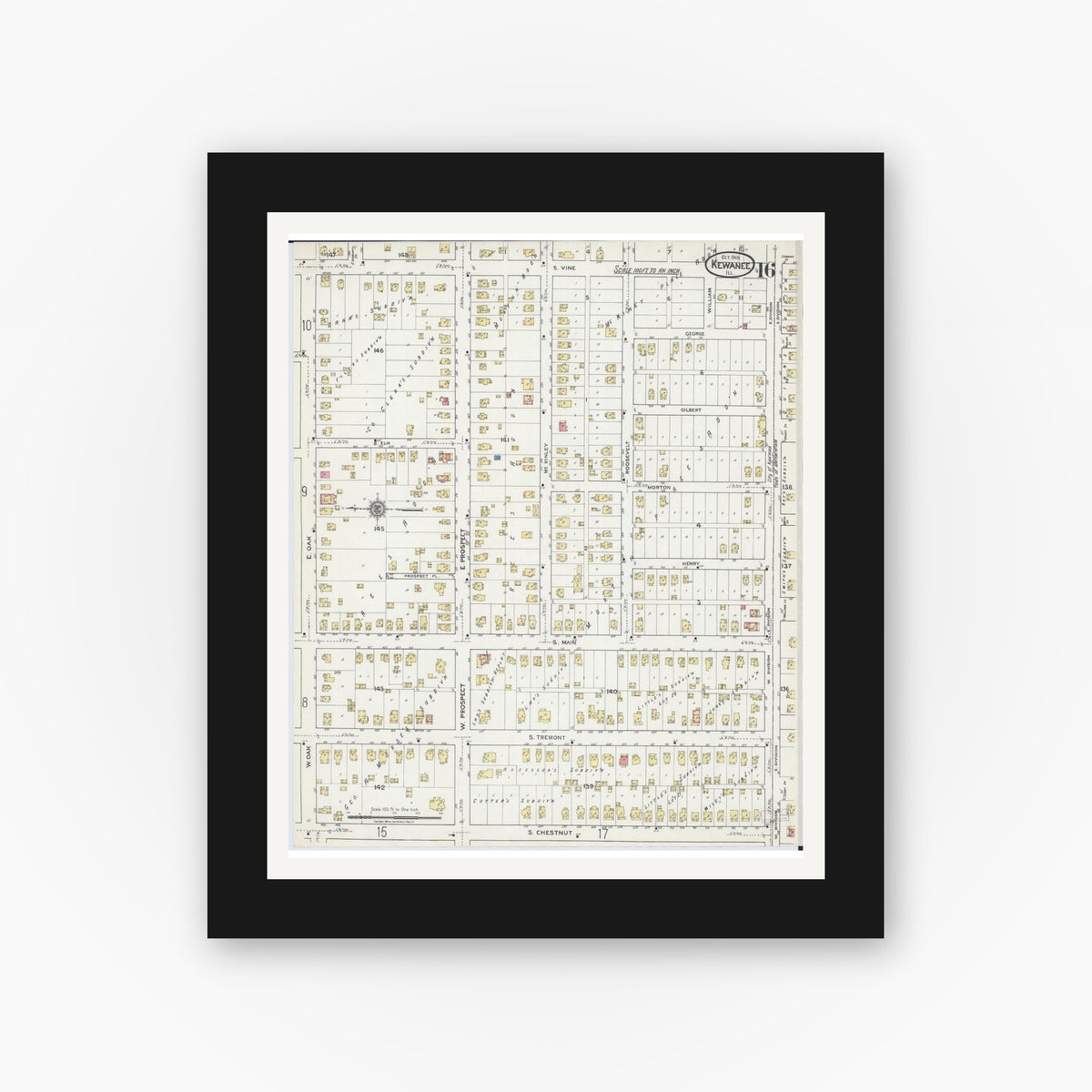 Old map wall art mockup — black gallery frame with white mat — Sanborn Fire Insurance Map from Kewanee, Henry County, Illinois (1918), Sheet #0016