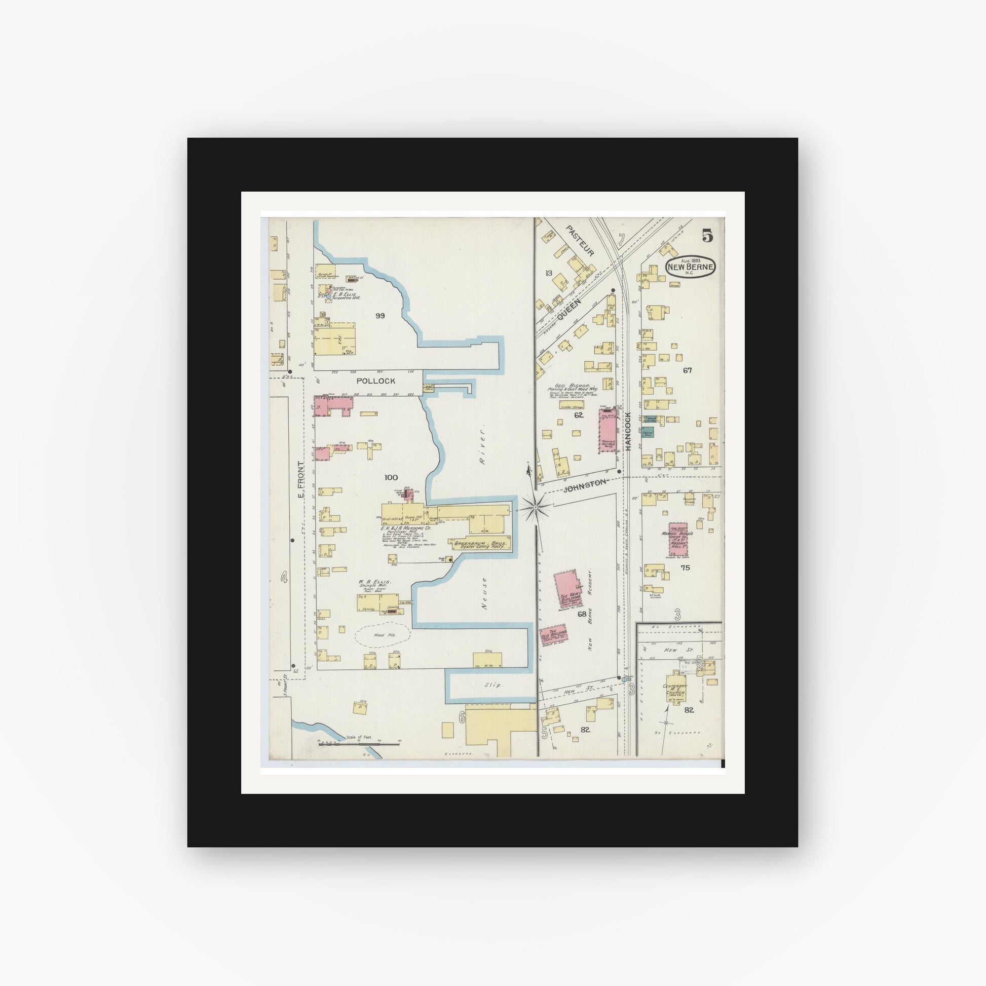 Old map wall art mockup — black gallery frame with white mat — Sanborn Fire Insurance Map from New Bern, Craven County, North Carolina (1893), Sheet #0005
