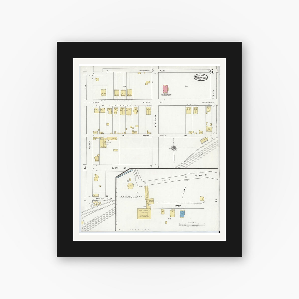 Old map wall art mockup — black gallery frame with white mat — Sanborn Fire Insurance Map from Nescopeck, Luzerne County, Pennsylvania (1919), Sheet #0006
