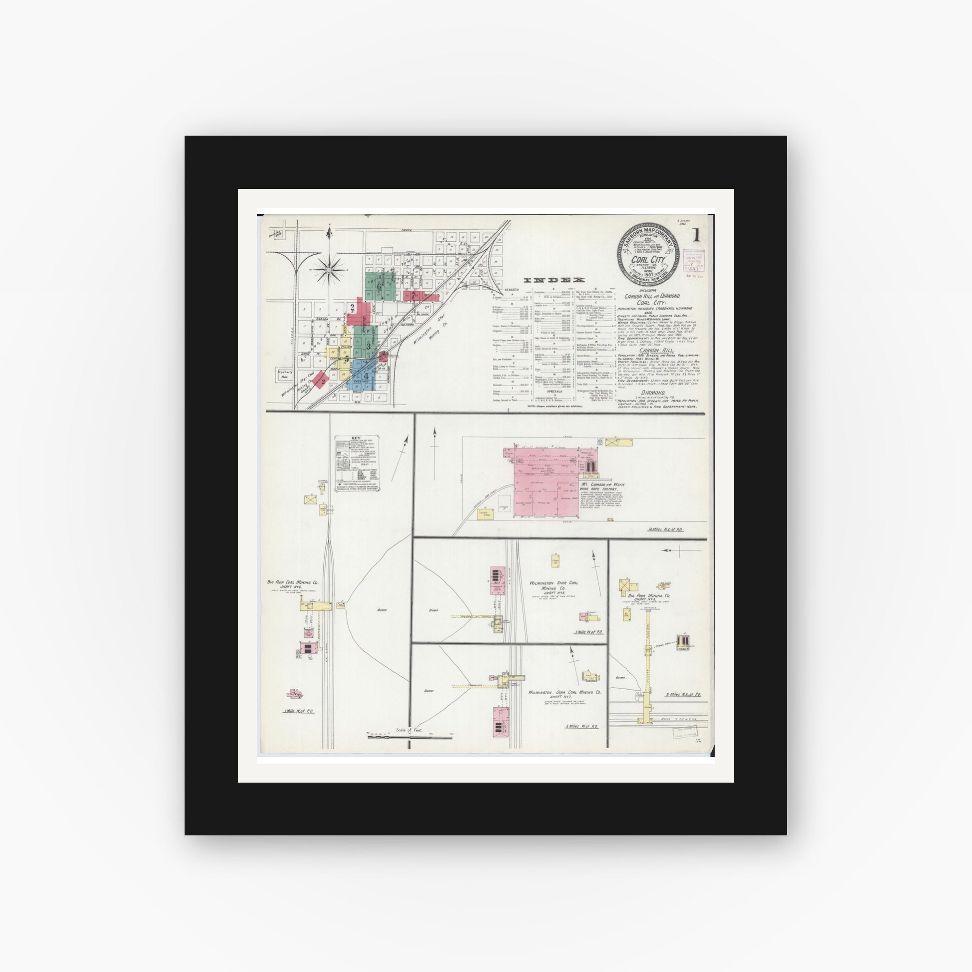 Old map wall art mockup — black gallery frame with white mat — Sanborn Fire Insurance Map from Coal City, Grundy County, Illinois (1907) - Complete Map Set