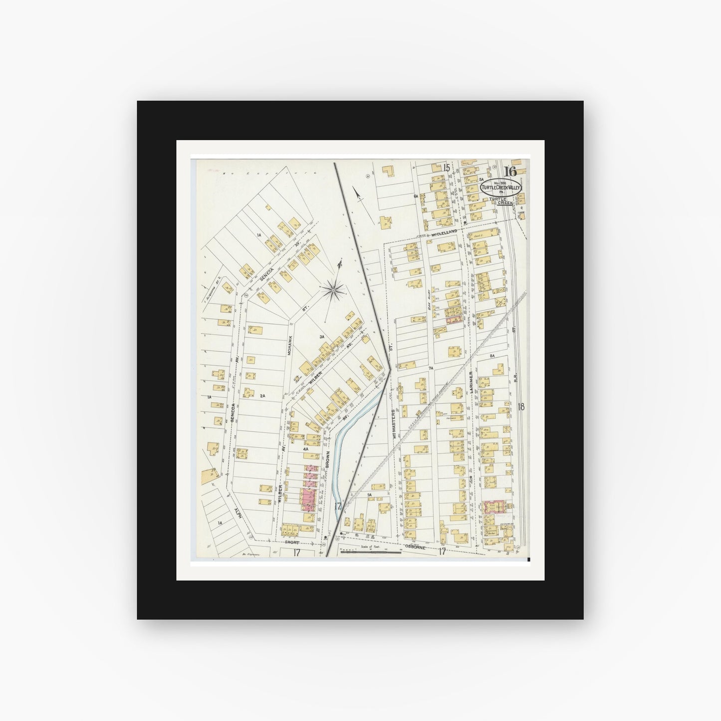 Old map wall art mockup — black gallery frame with white mat — Sanborn Fire Insurance Map from Turtle Creek Valley, Allegheny County, Pennsylvania (1906), Sheet #0016