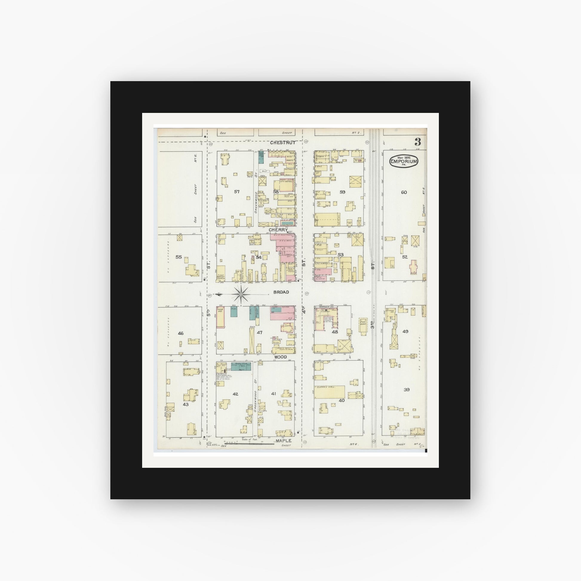 Old map wall art mockup — black gallery frame with white mat — Sanborn Fire Insurance Map from Emporium, Cameron County, Pennsylvania (1892), Sheet #0003