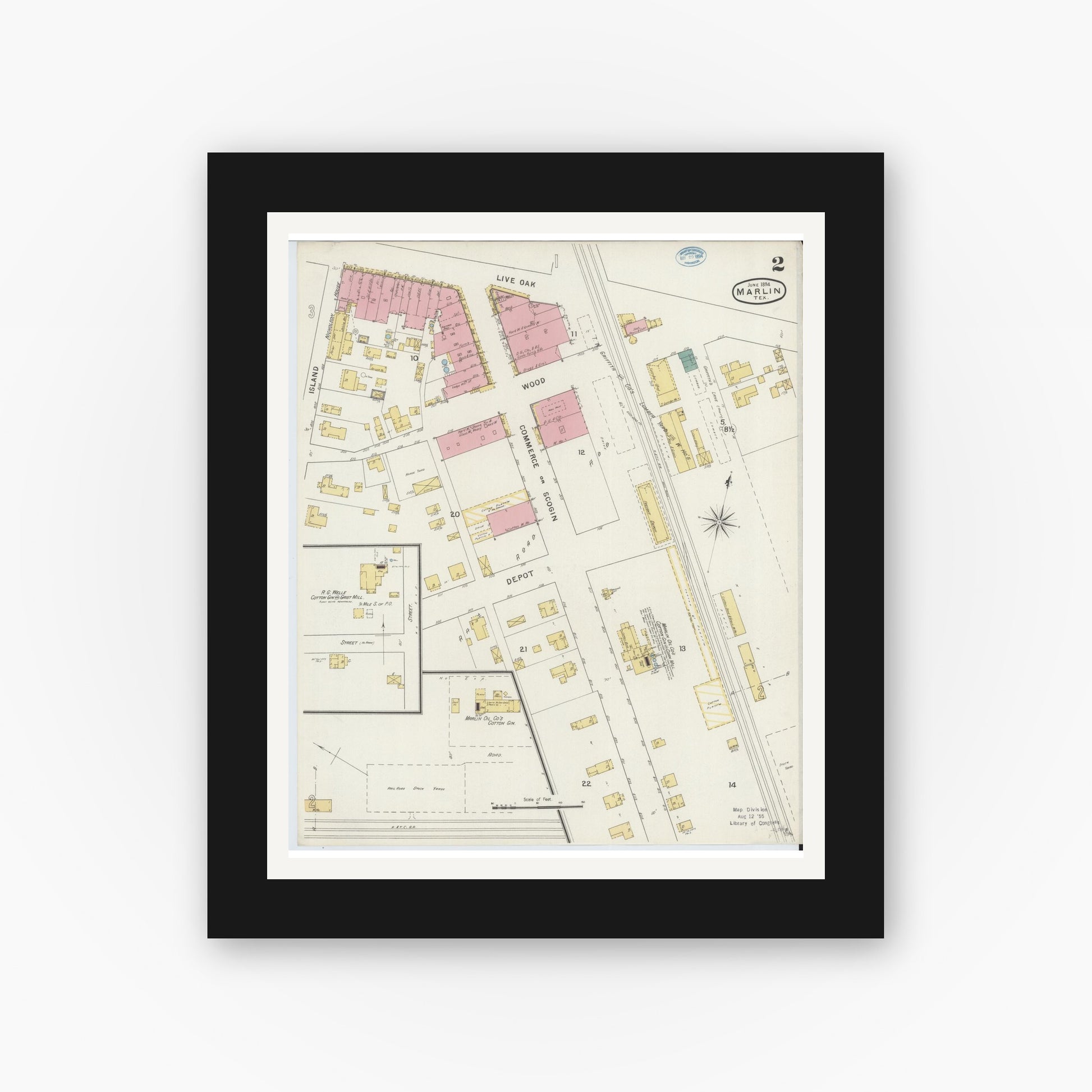 Old map wall art mockup — black gallery frame with white mat — Sanborn Fire Insurance Map from Marlin, Falls County, Texas (1894), Sheet #0002