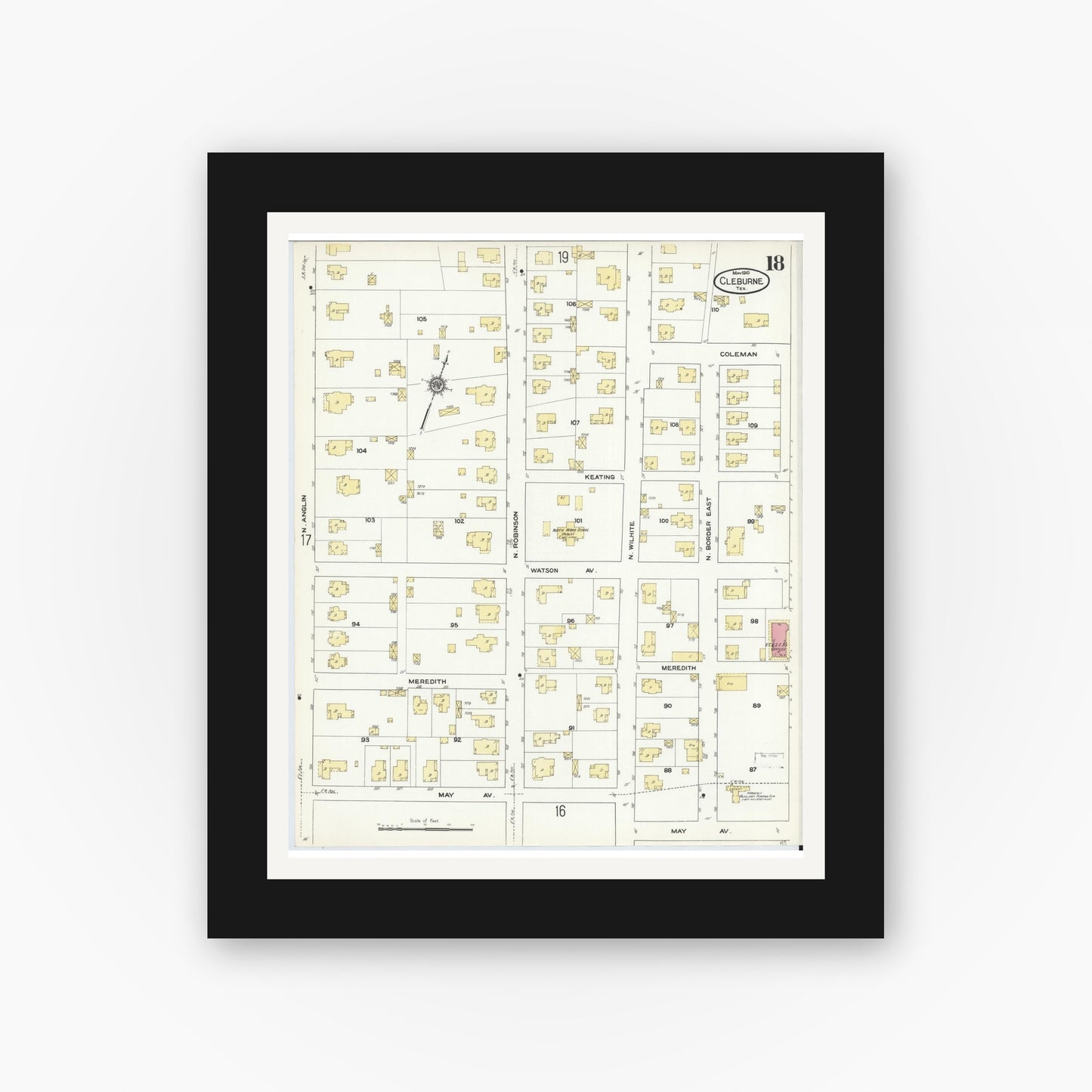 Old map wall art mockup — black gallery frame with white mat — Sanborn Fire Insurance Map from Cleburne, Johnson County, Texas (1910), Sheet #0018