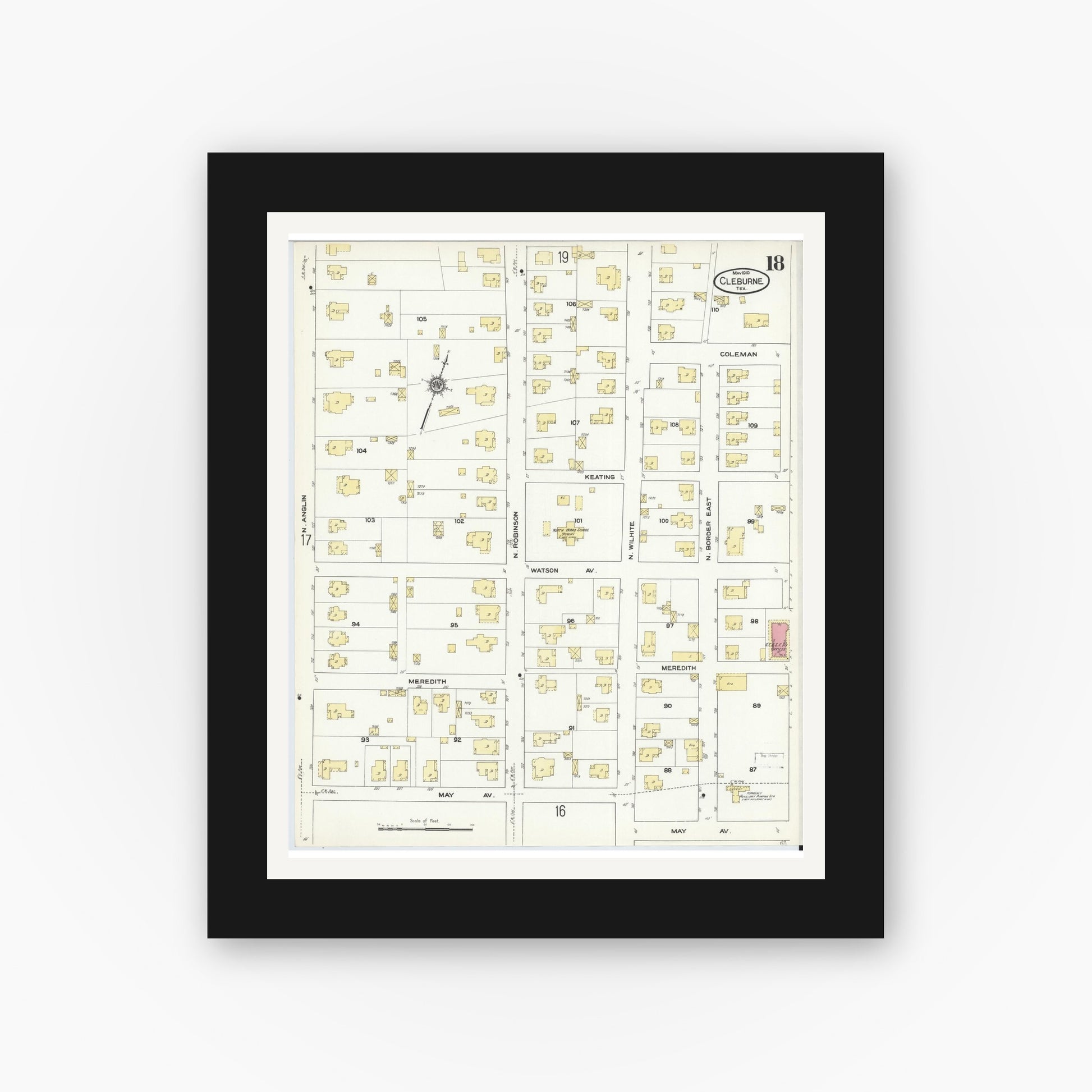 Old map wall art mockup — black gallery frame with white mat — Sanborn Fire Insurance Map from Cleburne, Johnson County, Texas (1910), Sheet #0018