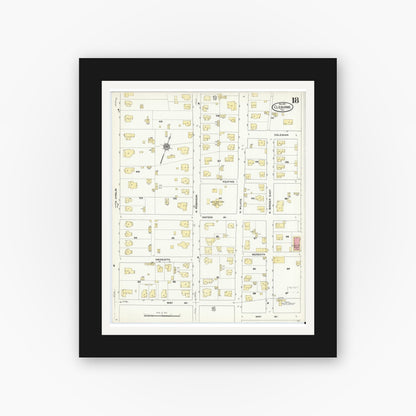 Old map wall art mockup — black gallery frame with white mat — Sanborn Fire Insurance Map from Cleburne, Johnson County, Texas (1910), Sheet #0018