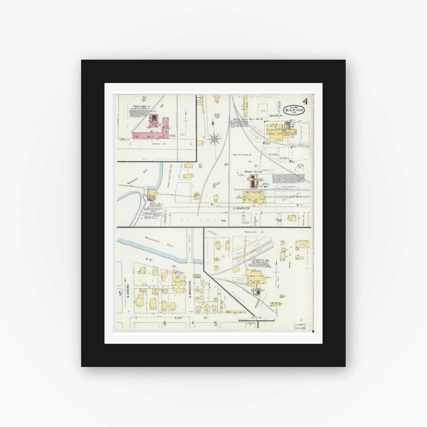 Old map wall art mockup — black gallery frame with white mat — Sanborn Fire Insurance Map from Marion, Grant County, Indiana (1896), Sheet #0004