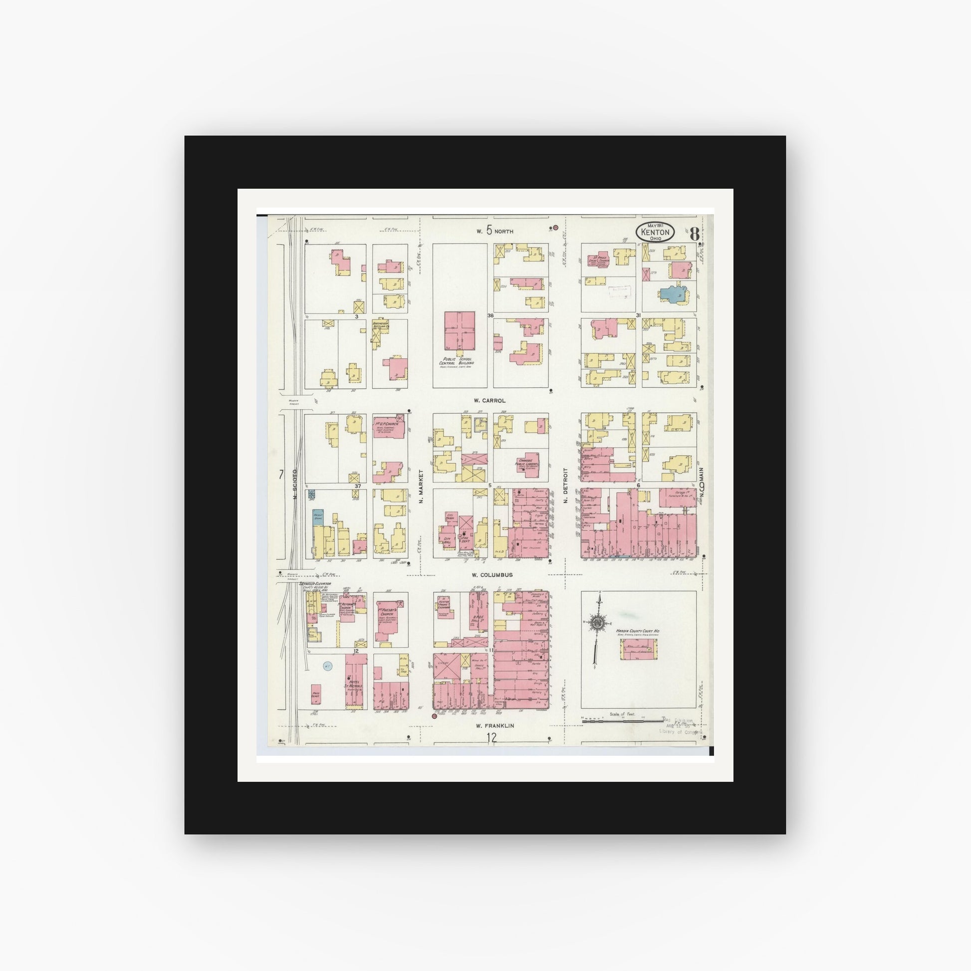 Old map wall art mockup — black gallery frame with white mat — Sanborn Fire Insurance Map from Kenton, Hardin County, Ohio (1911), Sheet #0008