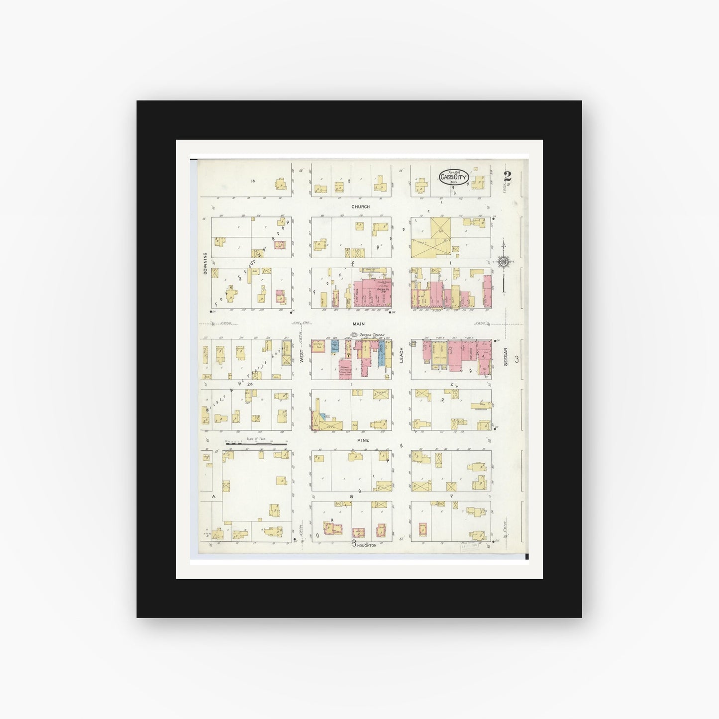 Old map wall art mockup — black gallery frame with white mat — Sanborn Fire Insurance Map from Cass City, Tuscola County, Michigan (1916), Sheet #0002