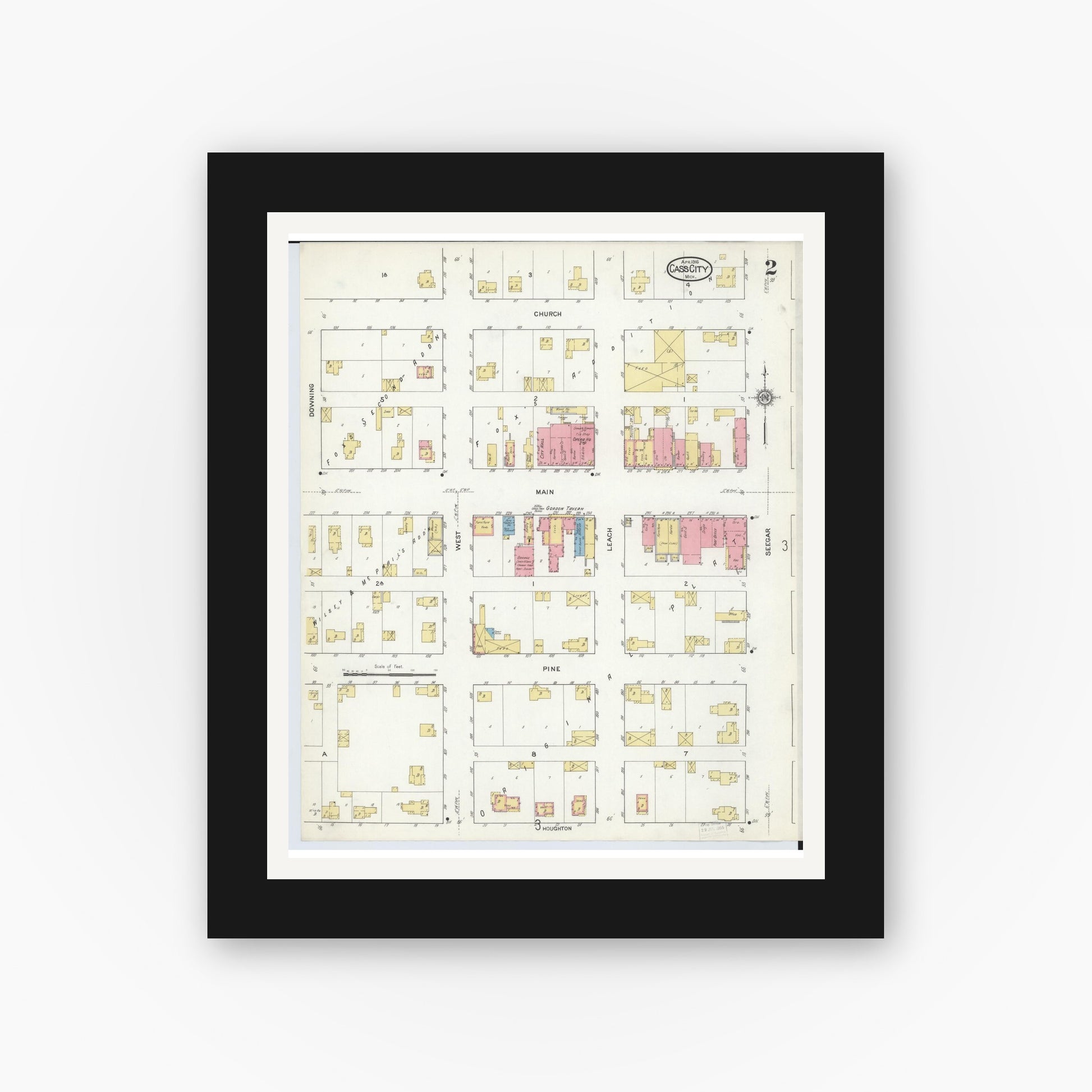 Old map wall art mockup — black gallery frame with white mat — Sanborn Fire Insurance Map from Cass City, Tuscola County, Michigan (1916), Sheet #0002