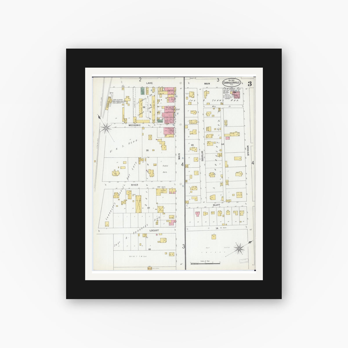Old map wall art mockup — black gallery frame with white mat — Sanborn Fire Insurance Map from Chandlerville, Cass County, Illinois (1900), Sheet #0003