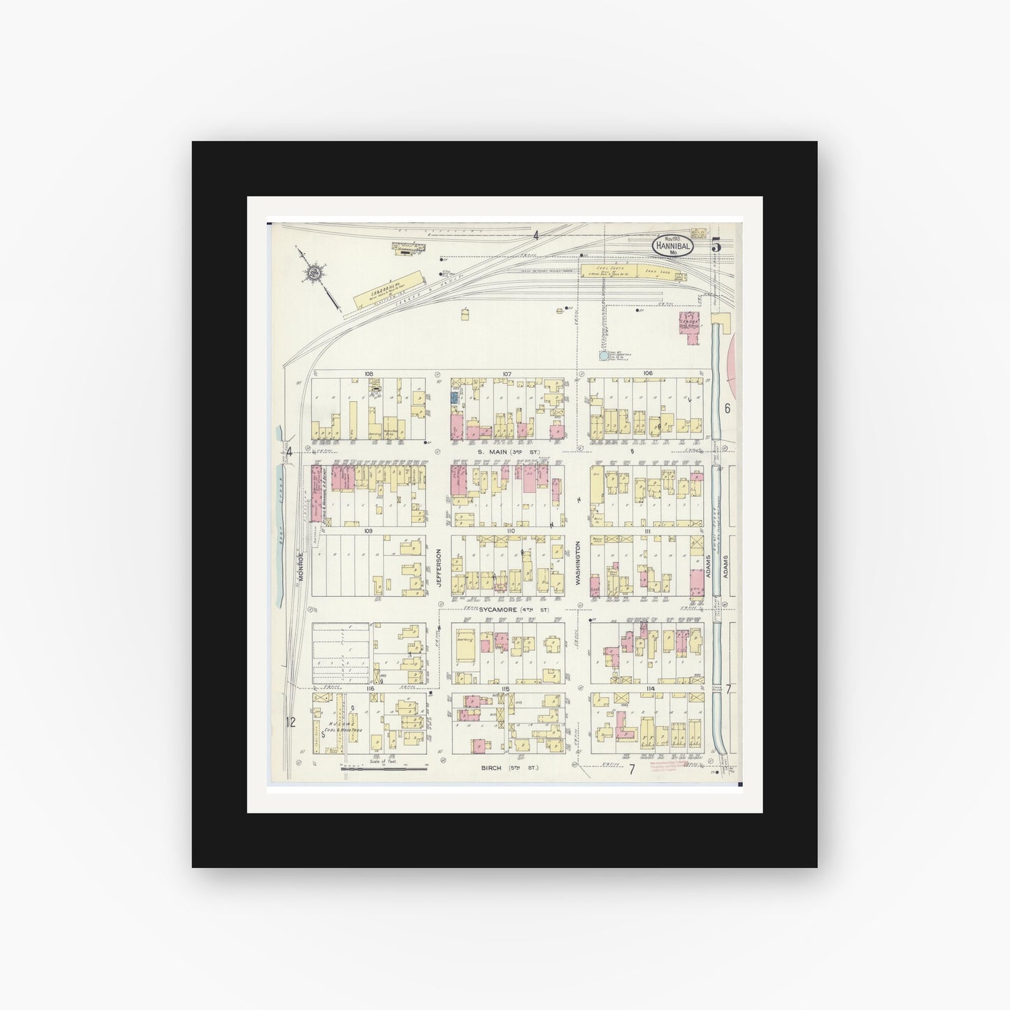 Old map wall art mockup — black gallery frame with white mat — Sanborn Fire Insurance Map from Hannibal, Marion County, Missouri (1913), Sheet #0005