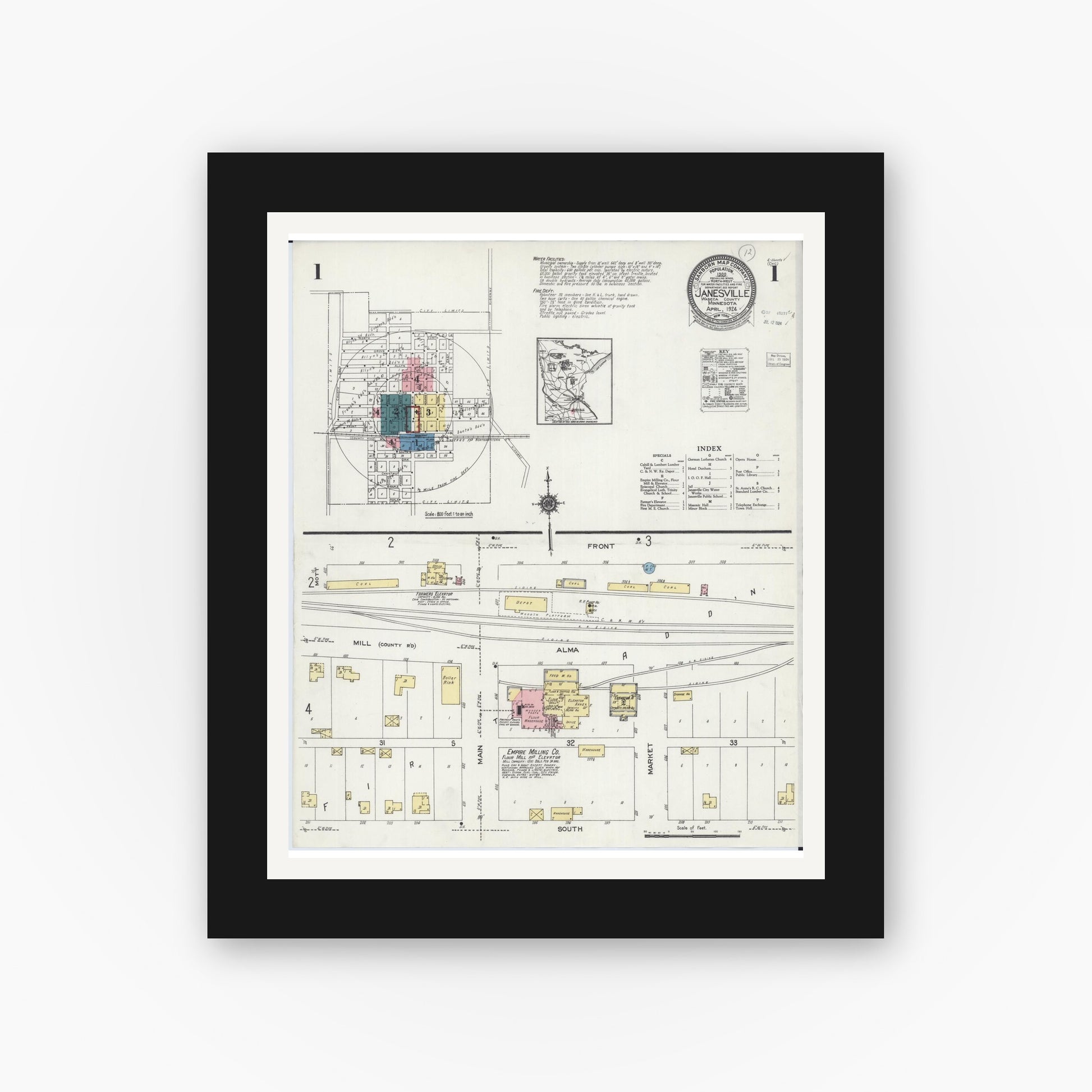 Old map wall art mockup — black gallery frame with white mat — Sanborn Fire Insurance Map from Janesville, Waseca County, Minnesota (1924) - Complete Map Set
