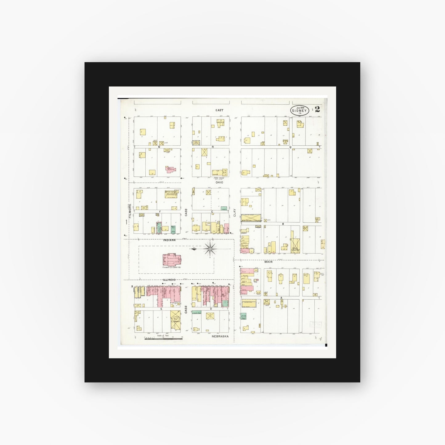 Old map wall art mockup — black gallery frame with white mat — Sanborn Fire Insurance Map from Sidney, Fremont County, Iowa (1899), Sheet #0002
