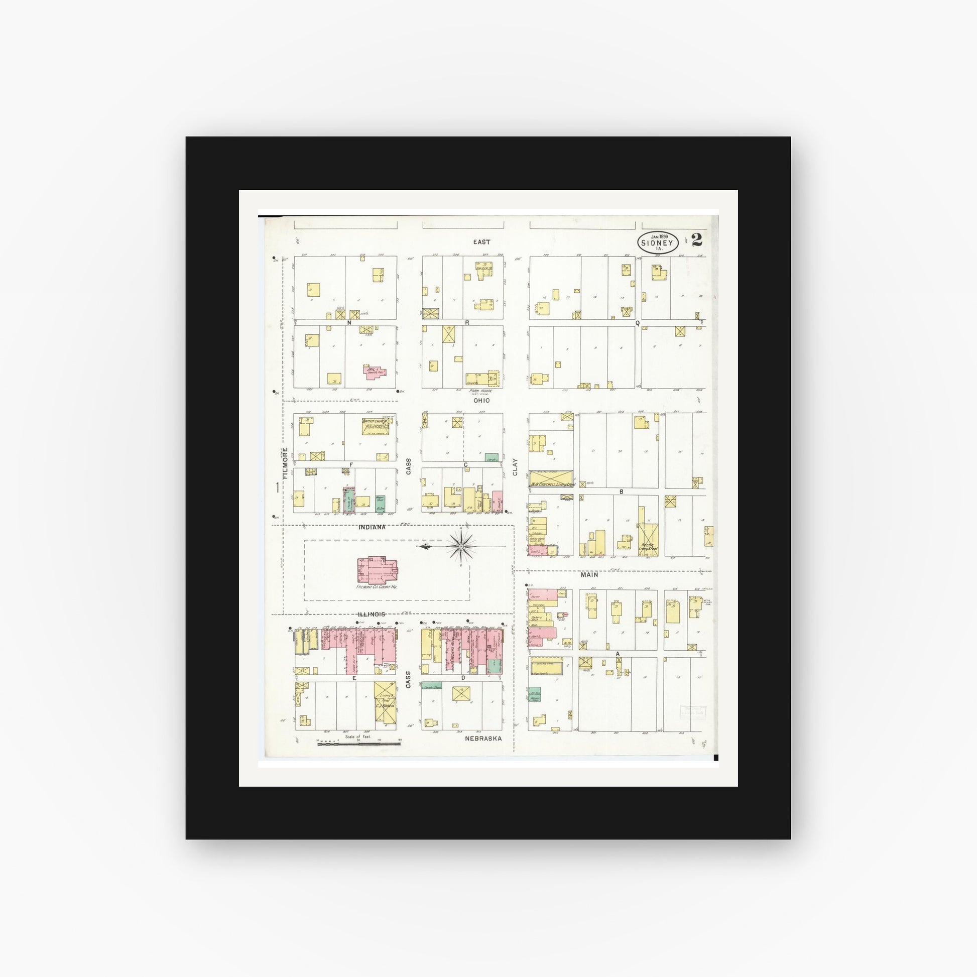 Old map wall art mockup — black gallery frame with white mat — Sanborn Fire Insurance Map from Sidney, Fremont County, Iowa (1899), Sheet #0002