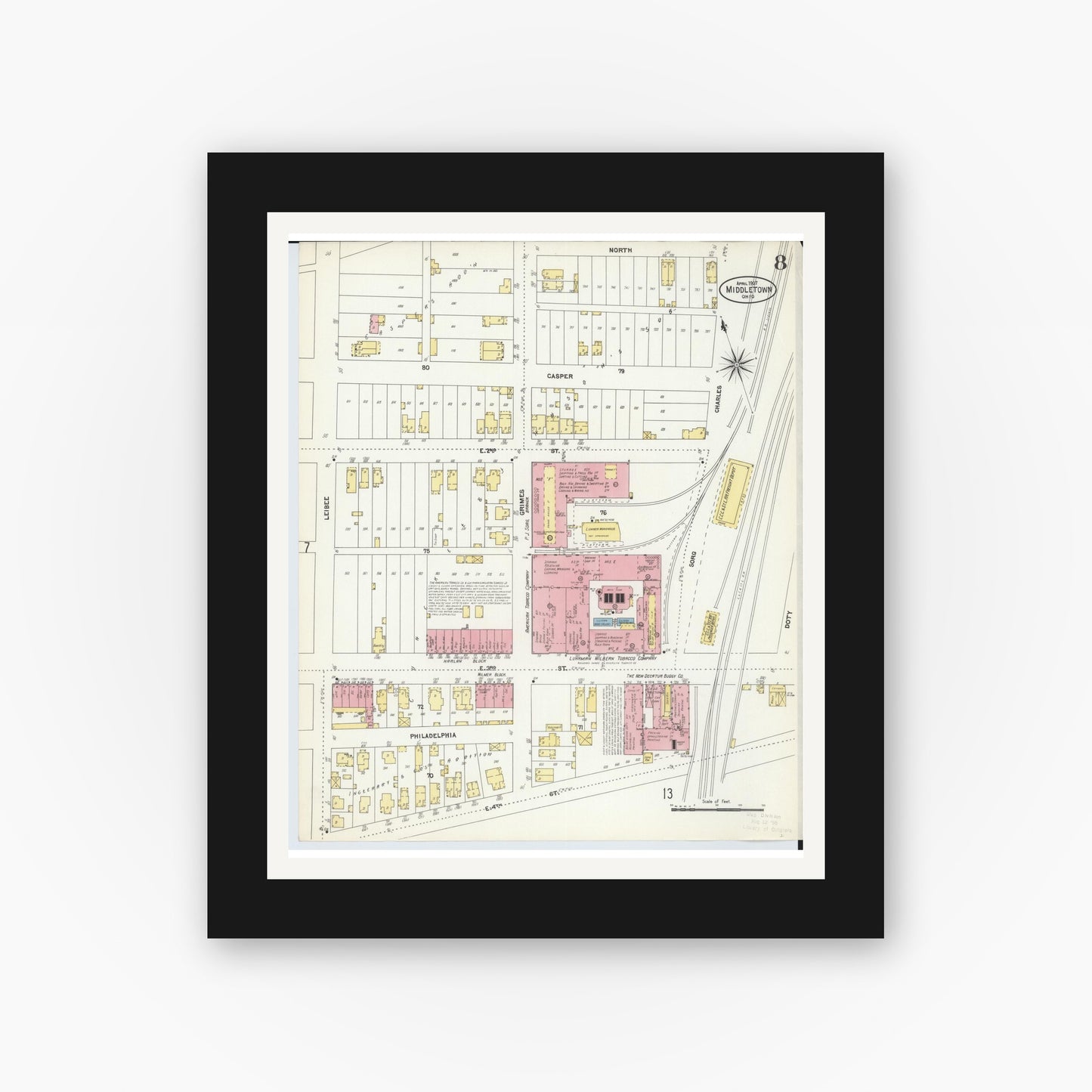 Old map wall art mockup — black gallery frame with white mat — Sanborn Fire Insurance Map from Middletown, Butler County, Ohio (1907), Sheet #0008