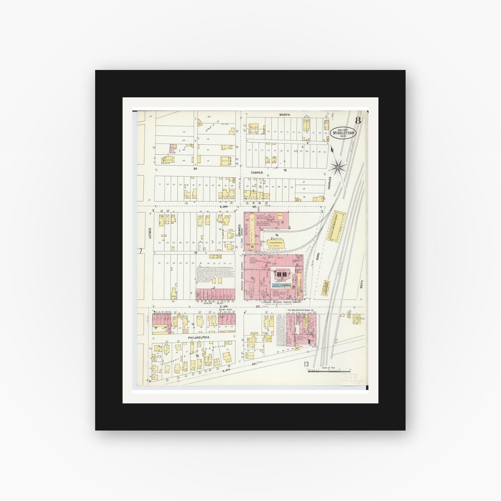 Old map wall art mockup — black gallery frame with white mat — Sanborn Fire Insurance Map from Middletown, Butler County, Ohio (1907), Sheet #0008