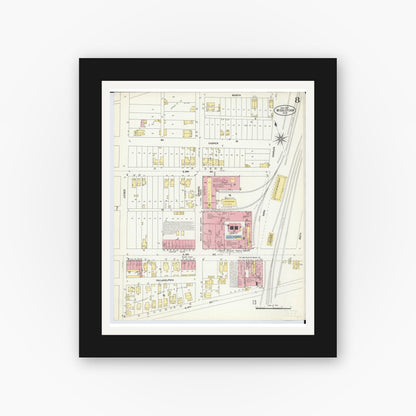 Old map wall art mockup — black gallery frame with white mat — Sanborn Fire Insurance Map from Middletown, Butler County, Ohio (1907), Sheet #0008