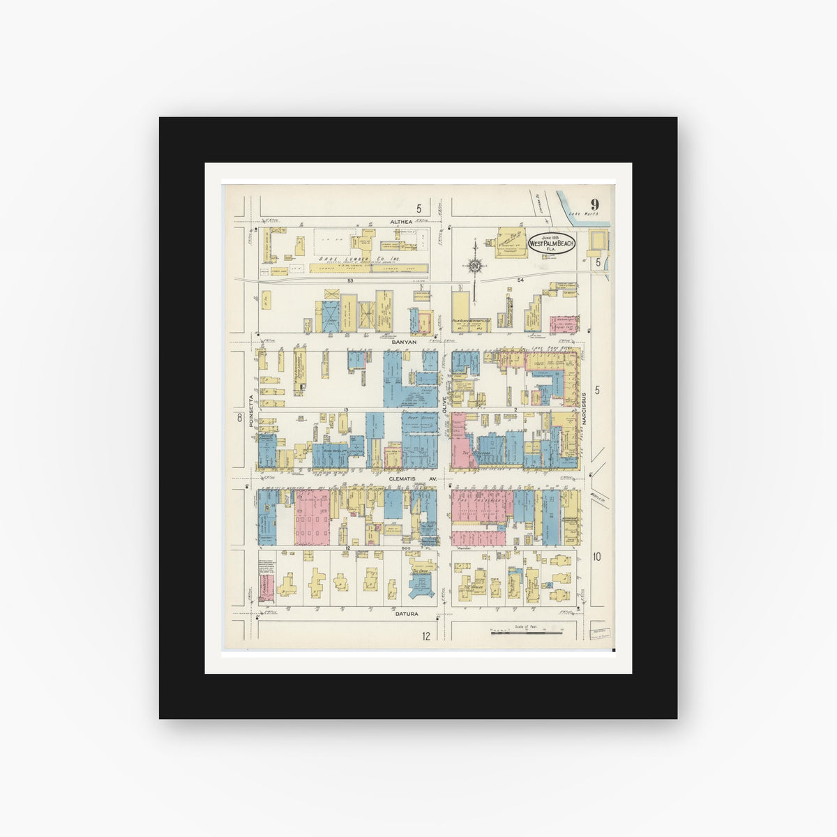 Old map wall art mockup — black gallery frame with white mat — Sanborn Fire Insurance Map from West Palm Beach, Dade County, Florida (1915), Sheet #0009