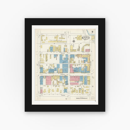 Old map wall art mockup — black gallery frame with white mat — Sanborn Fire Insurance Map from West Palm Beach, Dade County, Florida (1915), Sheet #0009