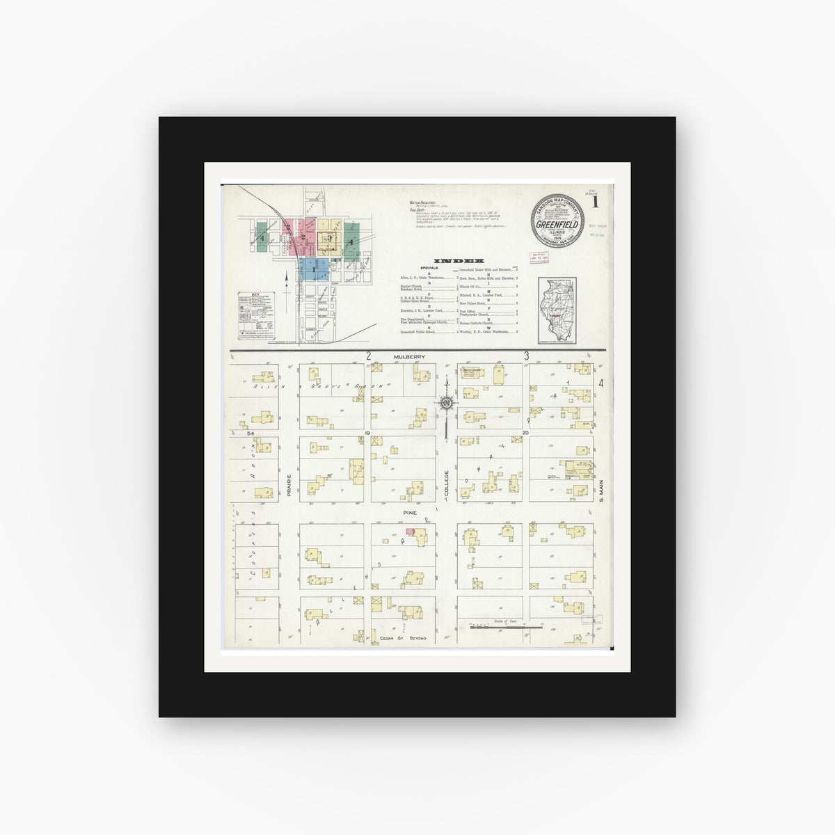 Old map wall art mockup — black gallery frame with white mat — Sanborn Fire Insurance Map from Greenfield, Greene County, Illinois (1914) - Complete Map Set