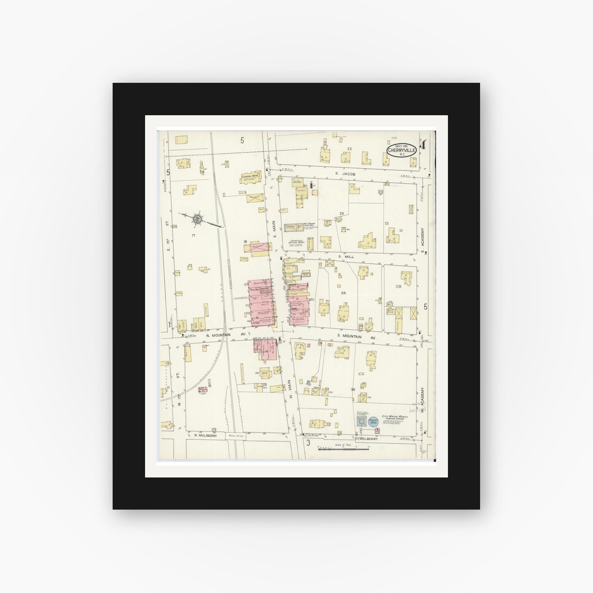 Old map wall art mockup — black gallery frame with white mat — Sanborn Fire Insurance Map from Cherryville, Gaston County, North Carolina (1914), Sheet #0004