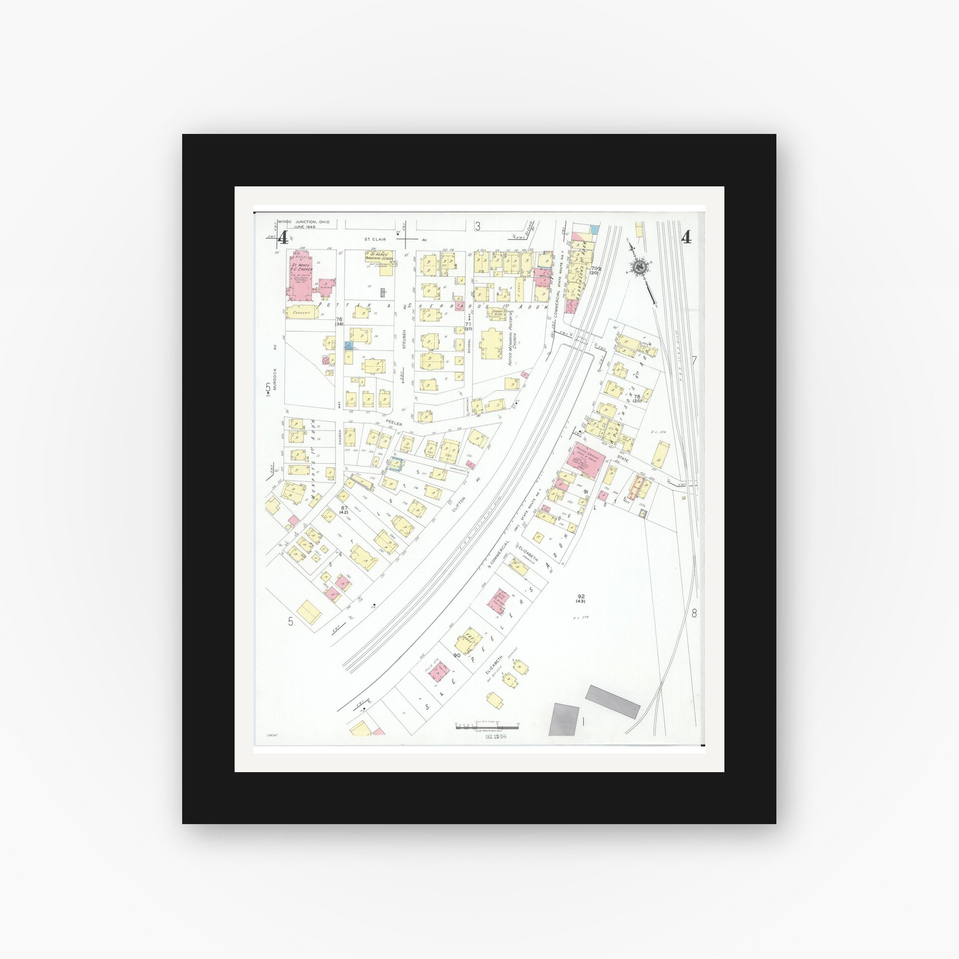 Old map wall art mockup — black gallery frame with white mat — Sanborn Fire Insurance Map from Mingo Junction, Jefferson County, Ohio (1946), Sheet #0004