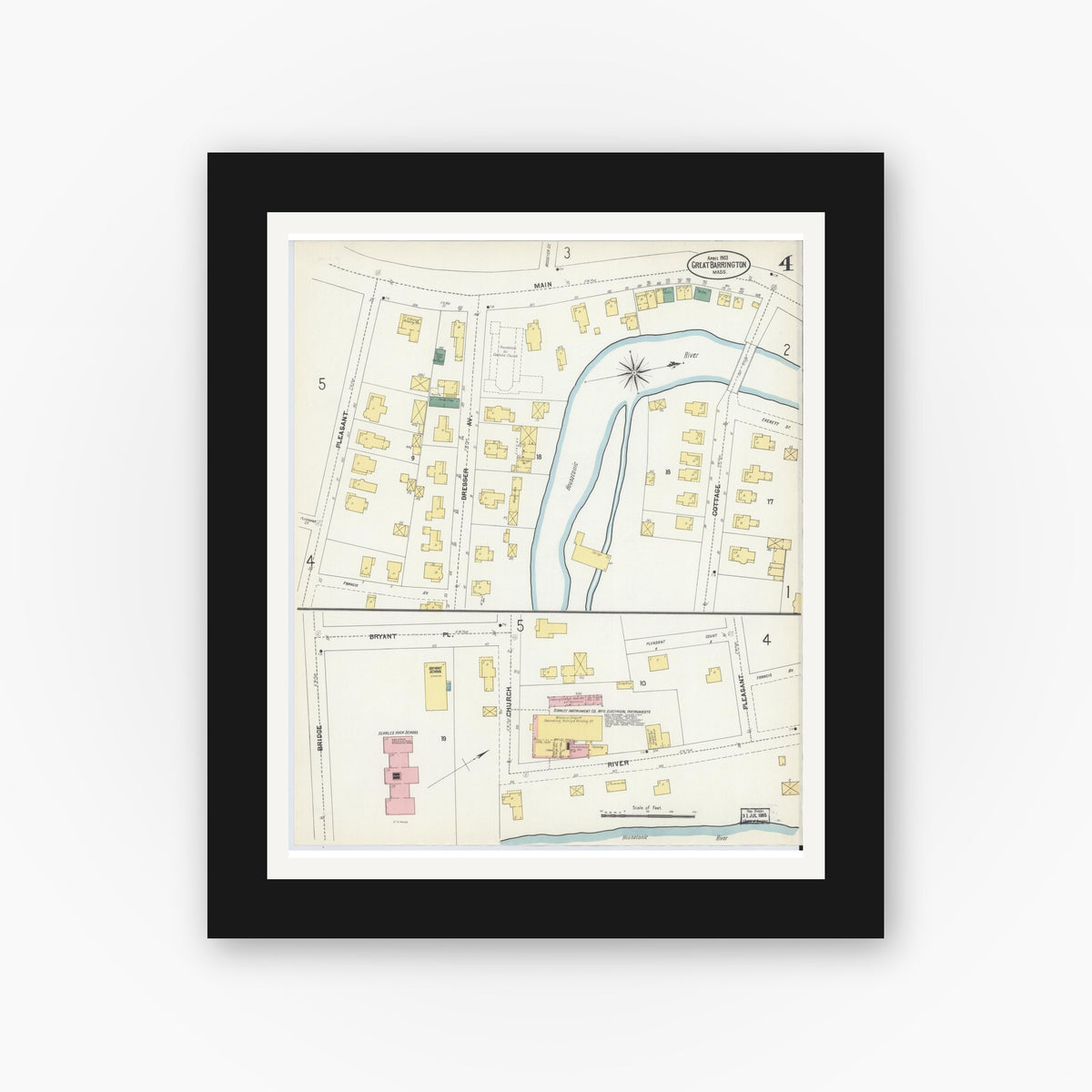 Old map wall art mockup — black gallery frame with white mat — Sanborn Fire Insurance Map from Great Barrington, Berkshire County, Massachusetts (1903), Sheet #0004