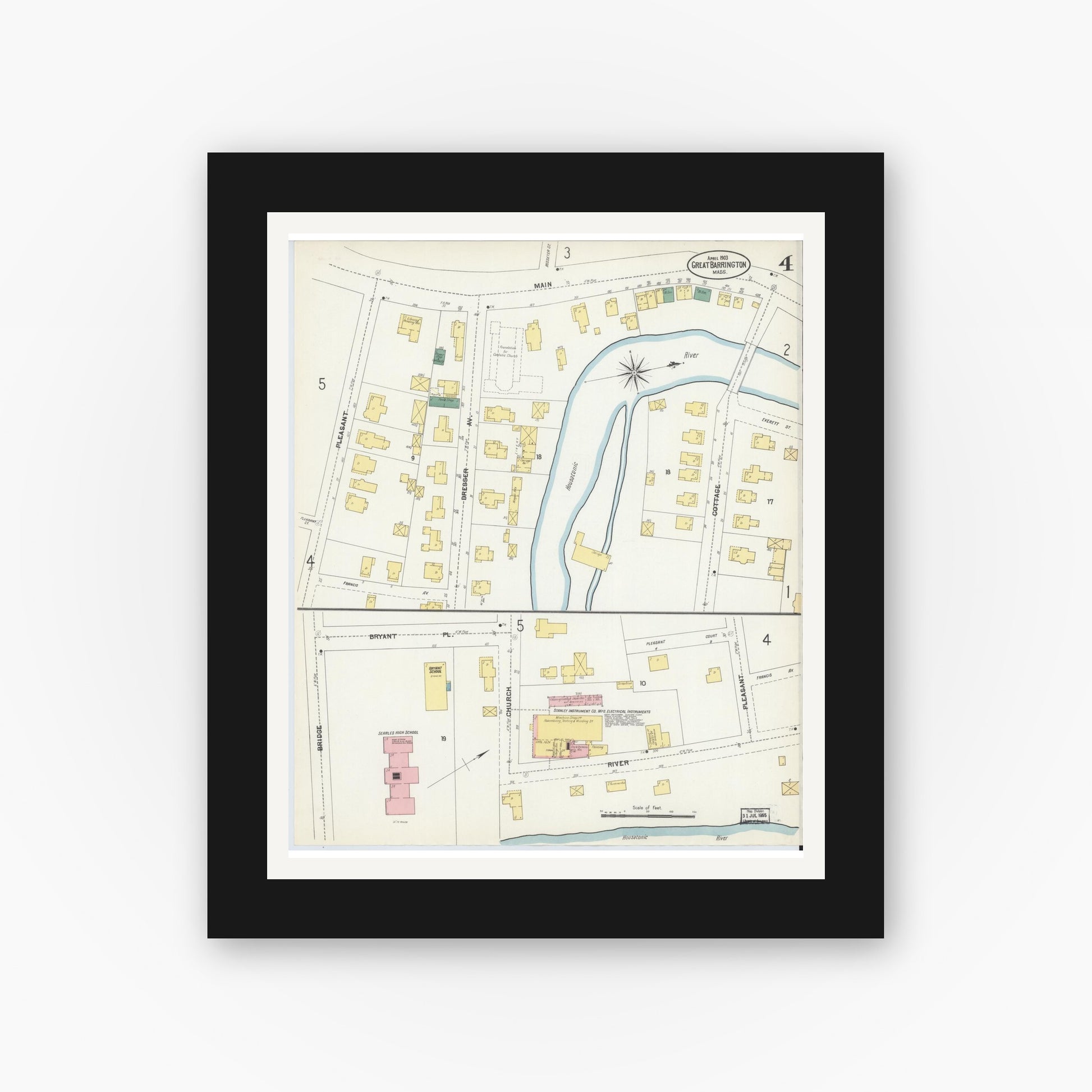 Old map wall art mockup — black gallery frame with white mat — Sanborn Fire Insurance Map from Great Barrington, Berkshire County, Massachusetts (1903), Sheet #0004