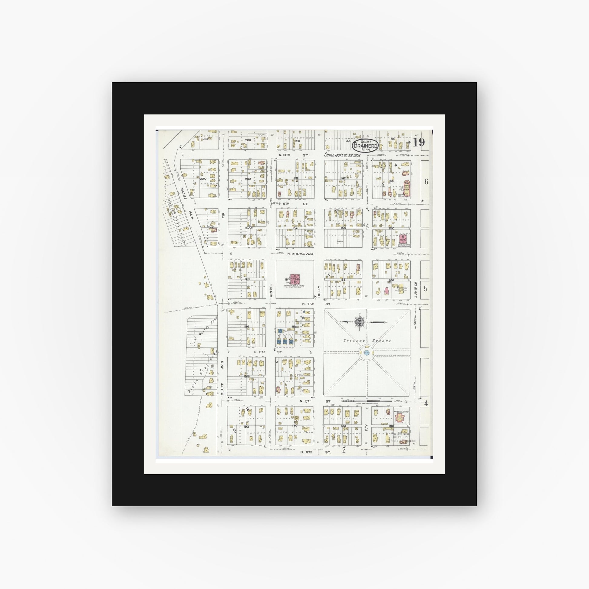 Old map wall art mockup — black gallery frame with white mat — Sanborn Fire Insurance Map from Brainerd, Crow Wing County, Minnesota (1917), Sheet #0019