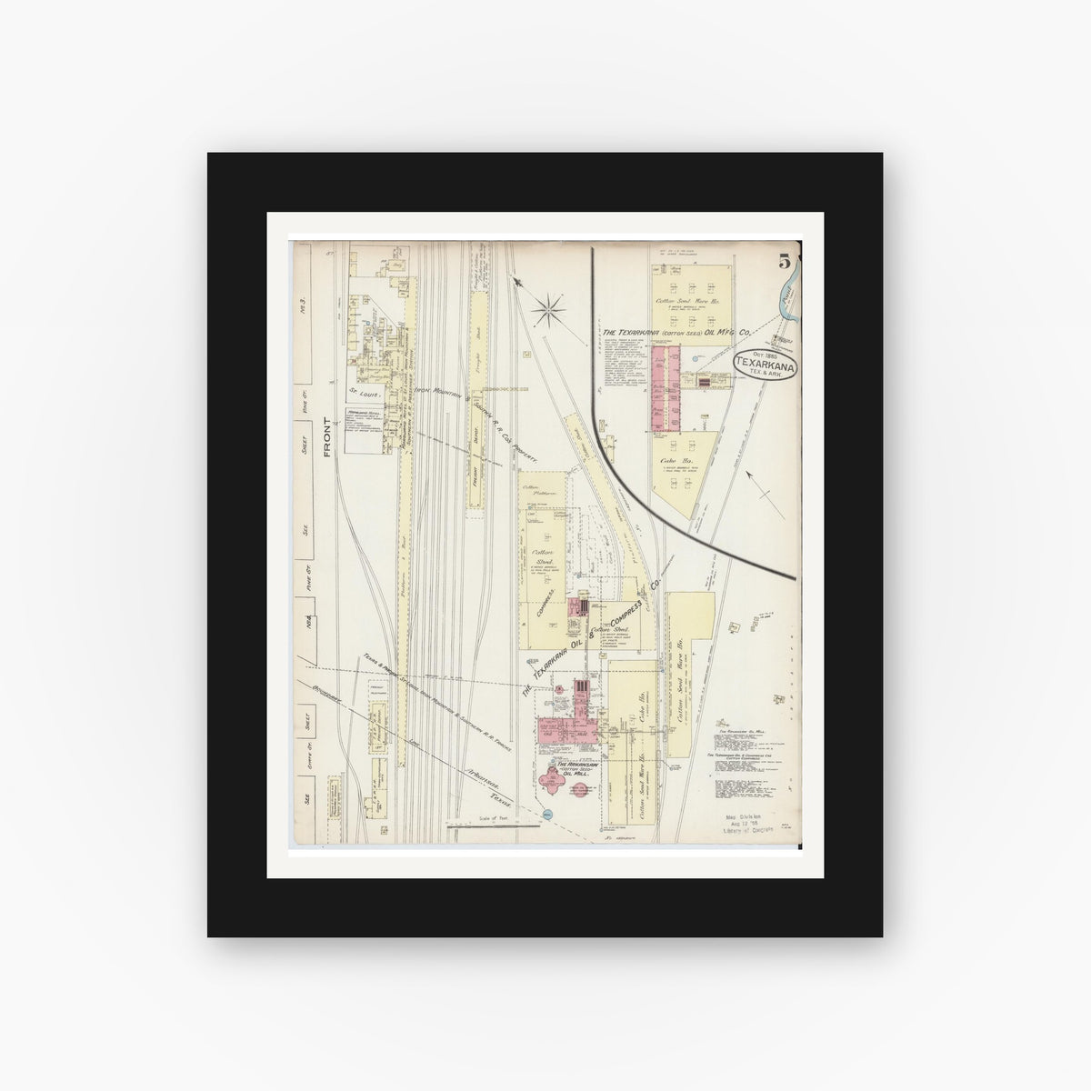 Old map wall art mockup — black gallery frame with white mat — Sanborn Fire Insurance Map from Texarkana, Bowie County, Texas (1885), Sheet #0005