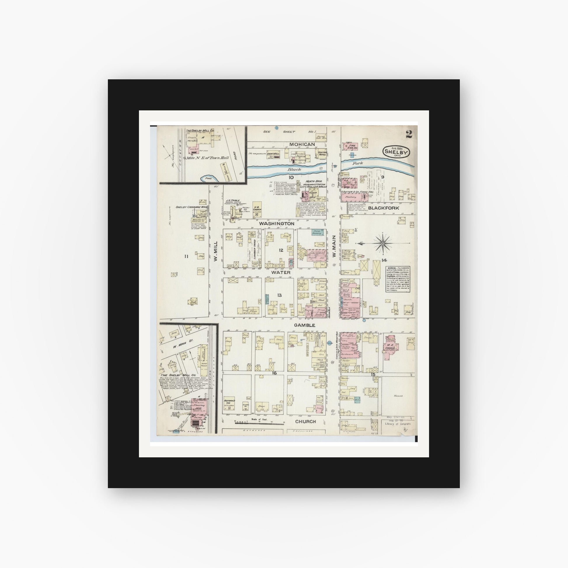 Old map wall art mockup — black gallery frame with white mat — Sanborn Fire Insurance Map from Shelby, Ricland County, Ohio (1884), Sheet #0002