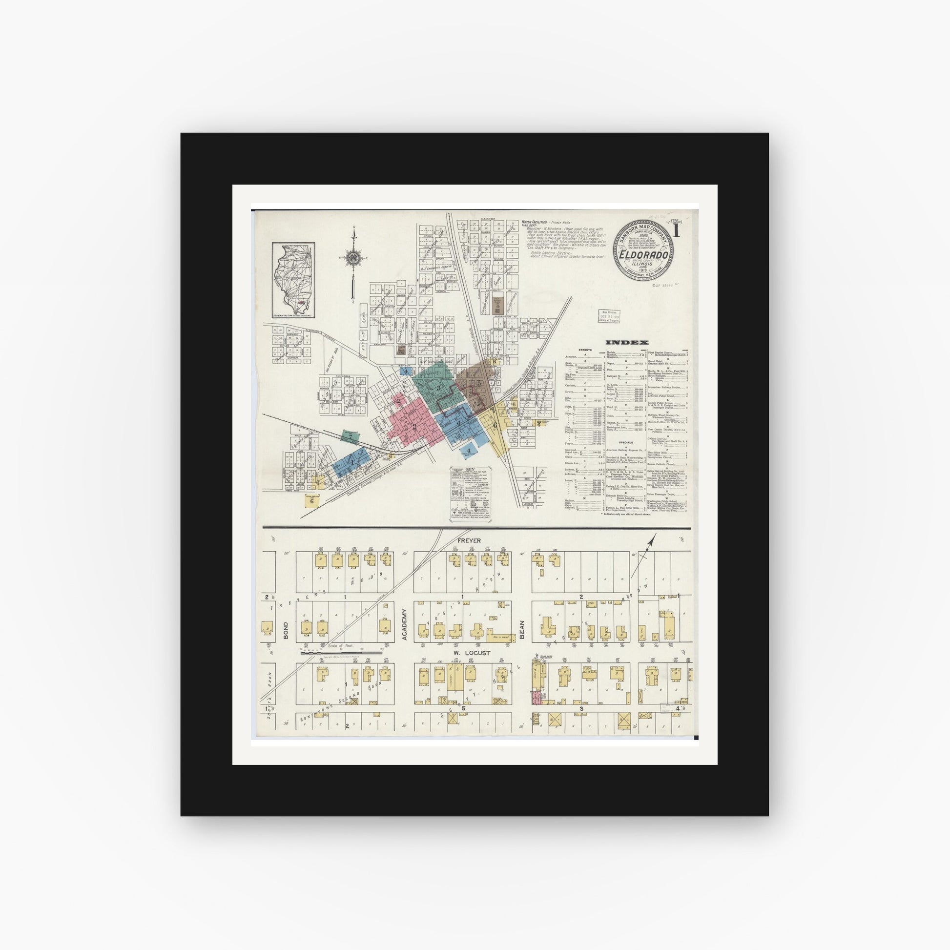 Old map wall art mockup — black gallery frame with white mat — Sanborn Fire Insurance Map from Eldorado, Saline County, Illinois (1919), Sheet #0001