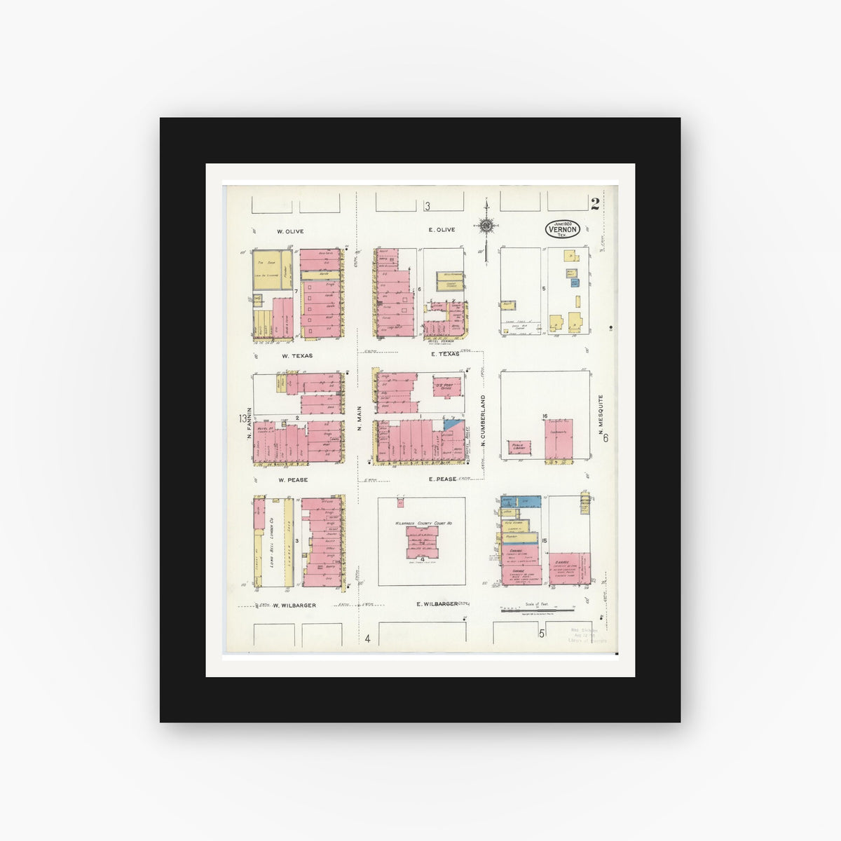 Old map wall art mockup — black gallery frame with white mat — Sanborn Fire Insurance Map from Vernon, Wilbarger County, Texas (1920), Sheet #0002