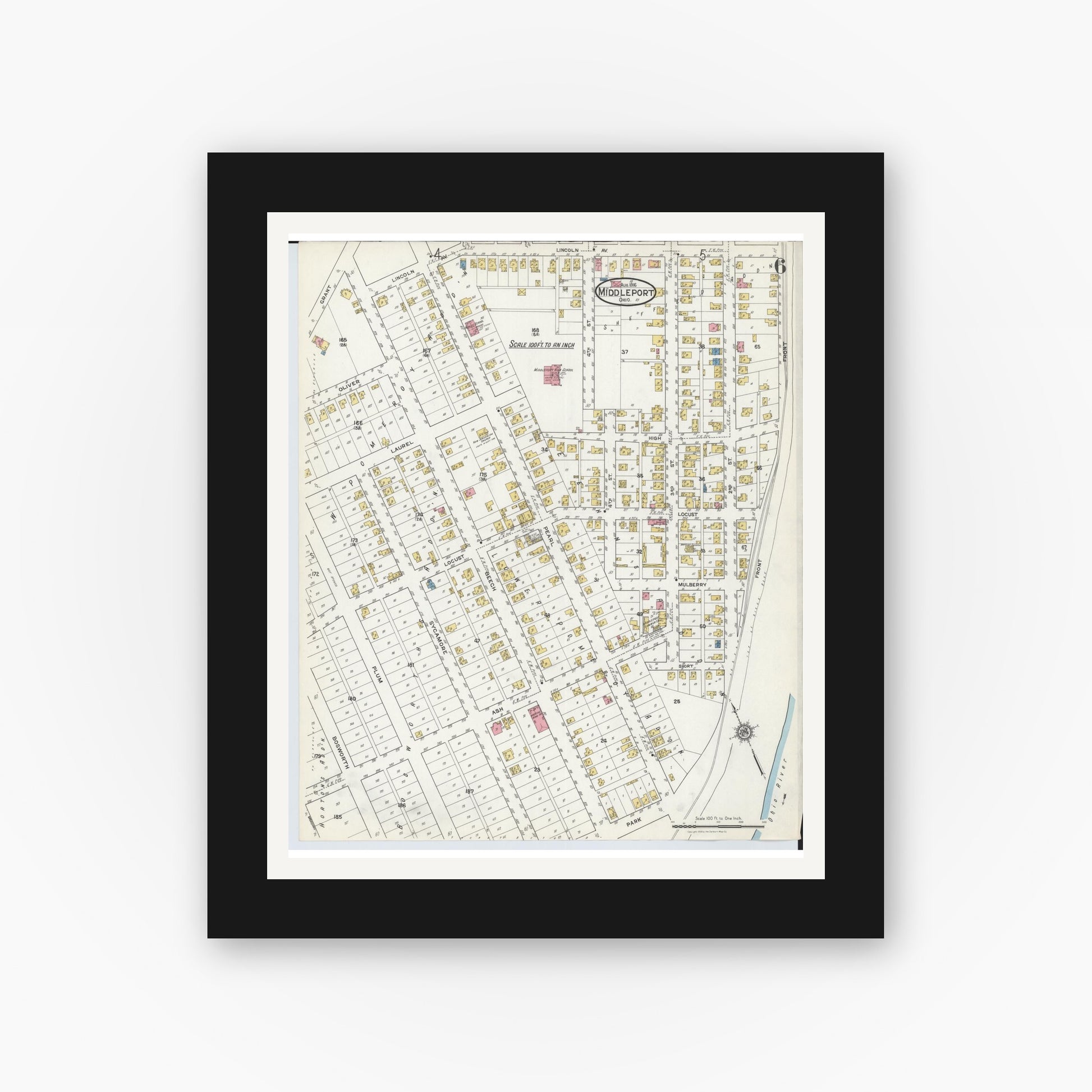 Old map wall art mockup — black gallery frame with white mat — Sanborn Fire Insurance Map from Middleport, Meigs County, Ohio (1916), Sheet #0006