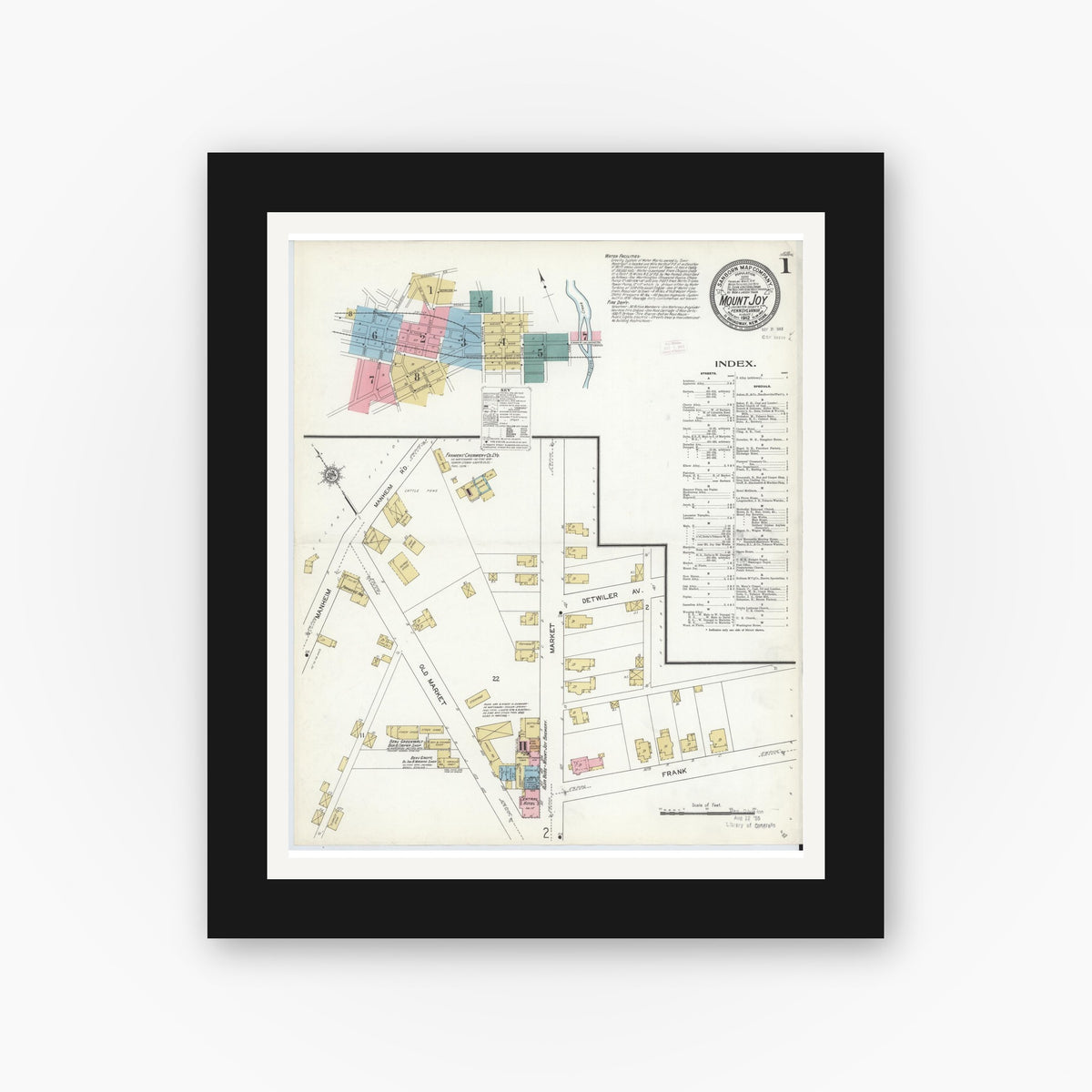 Old map wall art mockup — black gallery frame with white mat — Sanborn Fire Insurance Map from Mount Joy, Lancaster County, Pennsylvania (1912), Sheet #0001
