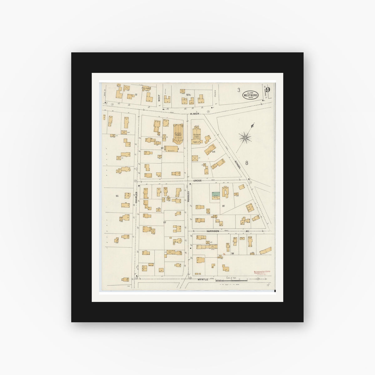 Old map wall art mockup — black gallery frame with white mat — Sanborn Fire Insurance Map from Westboro, Worcester County, Massachusetts (1899), Sheet #0009