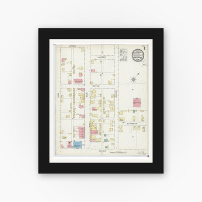 Old map wall art mockup — black gallery frame with white mat — Sanborn Fire Insurance Map from New Lexington, Perry County, Ohio (1893) - Complete Map Set