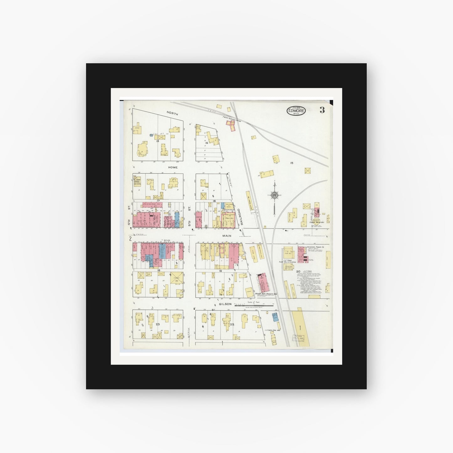Old map wall art mockup — black gallery frame with white mat — Sanborn Fire Insurance Map from Edmore, Montcalm County, Michigan (1918), Sheet #0003